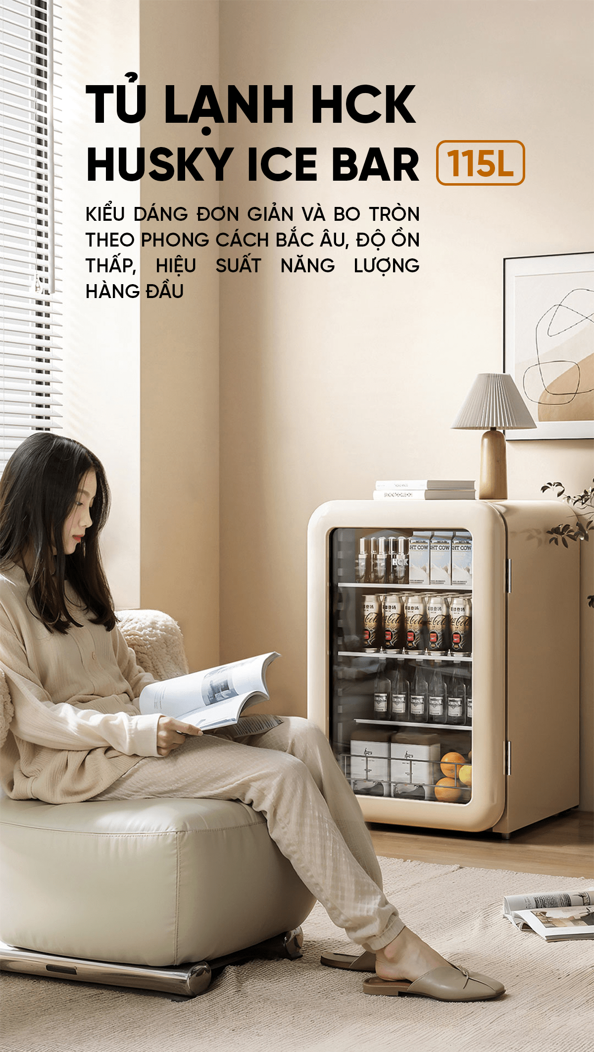 Tủ lạnh Xiaomi HCK Husky Ice Bar 115L màu kem mặt kính