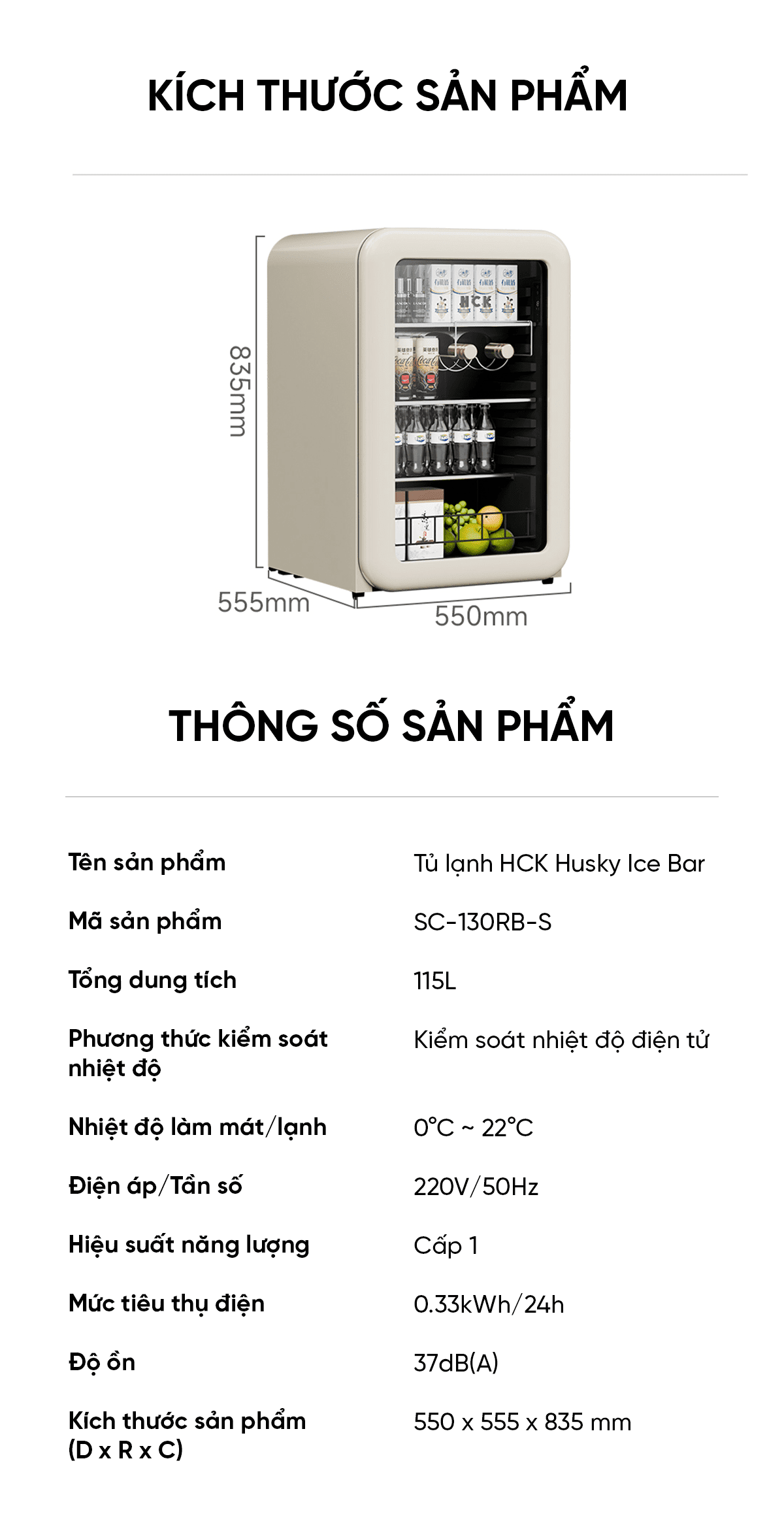 Tủ lạnh Xiaomi HCK Husky Ice Bar 115L màu kem mặt kính