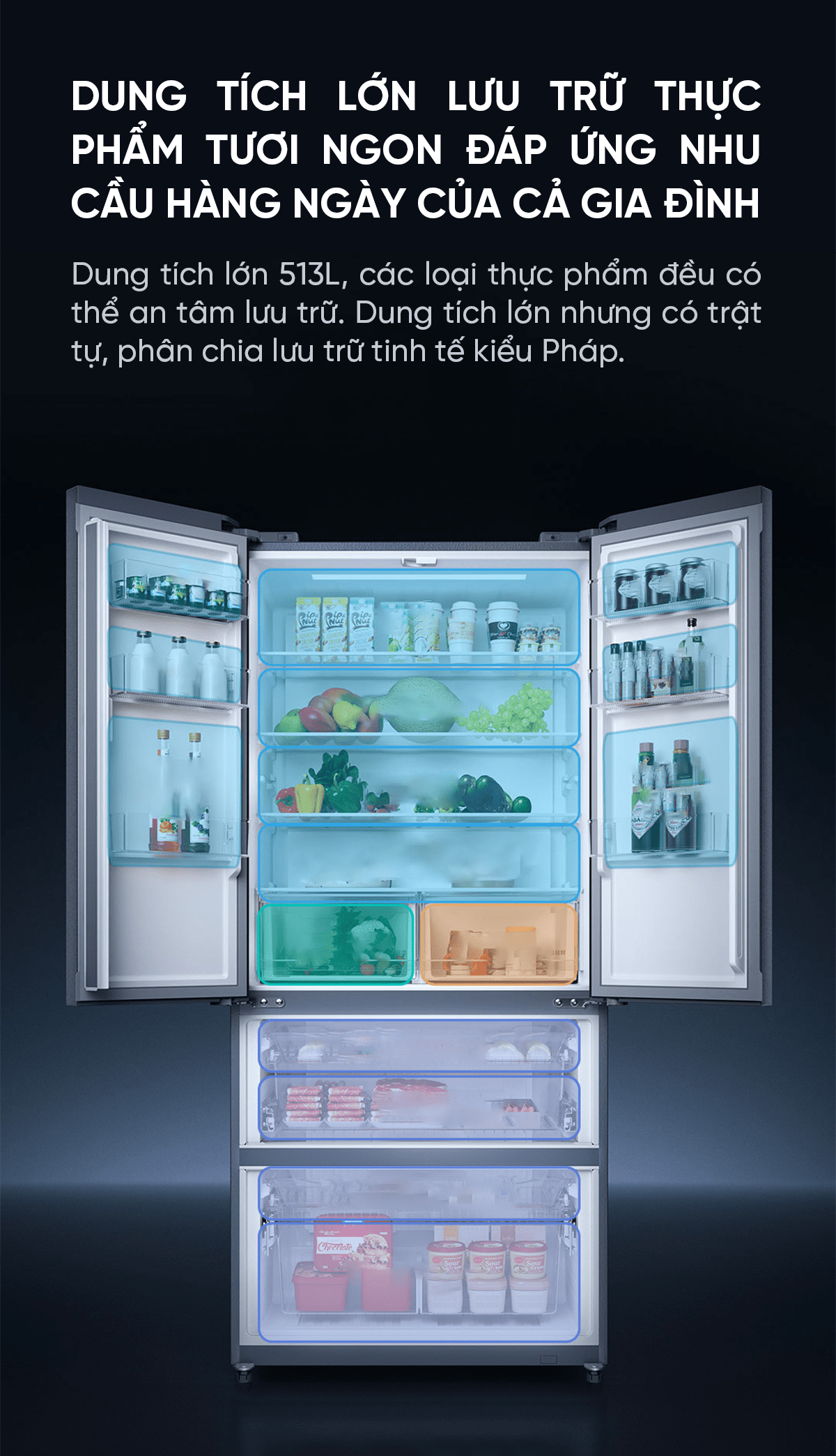 Tủ lạnh 4 cánh Xiaomi Mijia 513L Pro Kiểu Pháp, làm lạnh kép