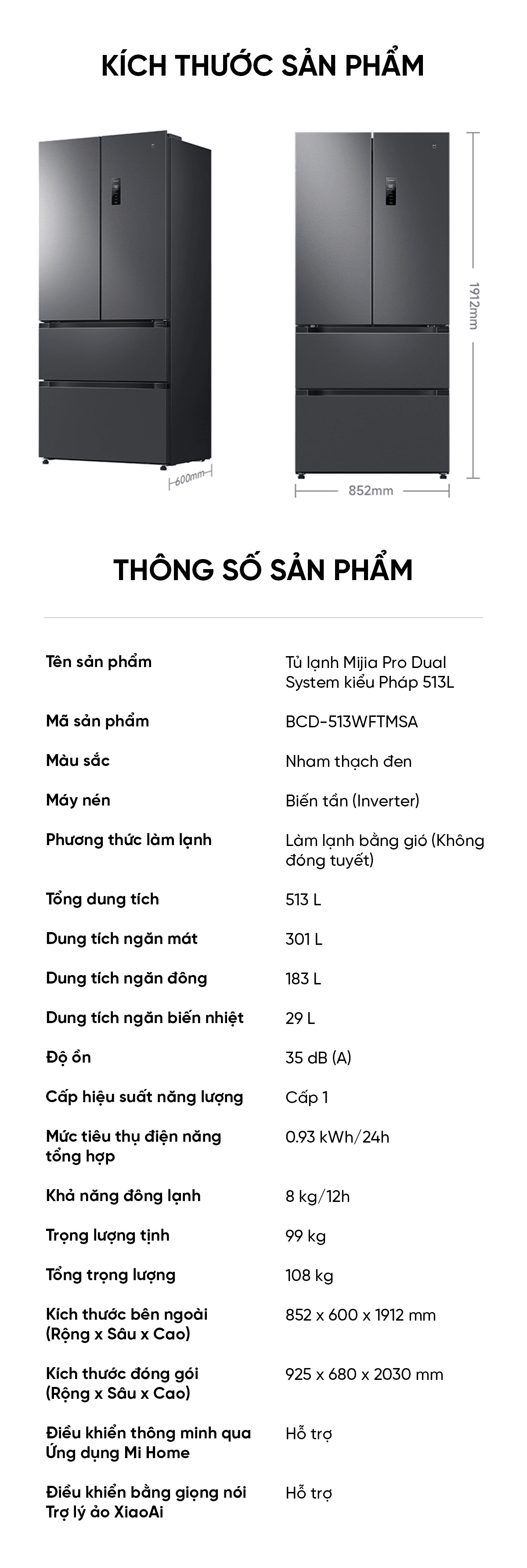 Tủ lạnh 4 cánh Xiaomi Mijia 513L Pro Kiểu Pháp, làm lạnh kép