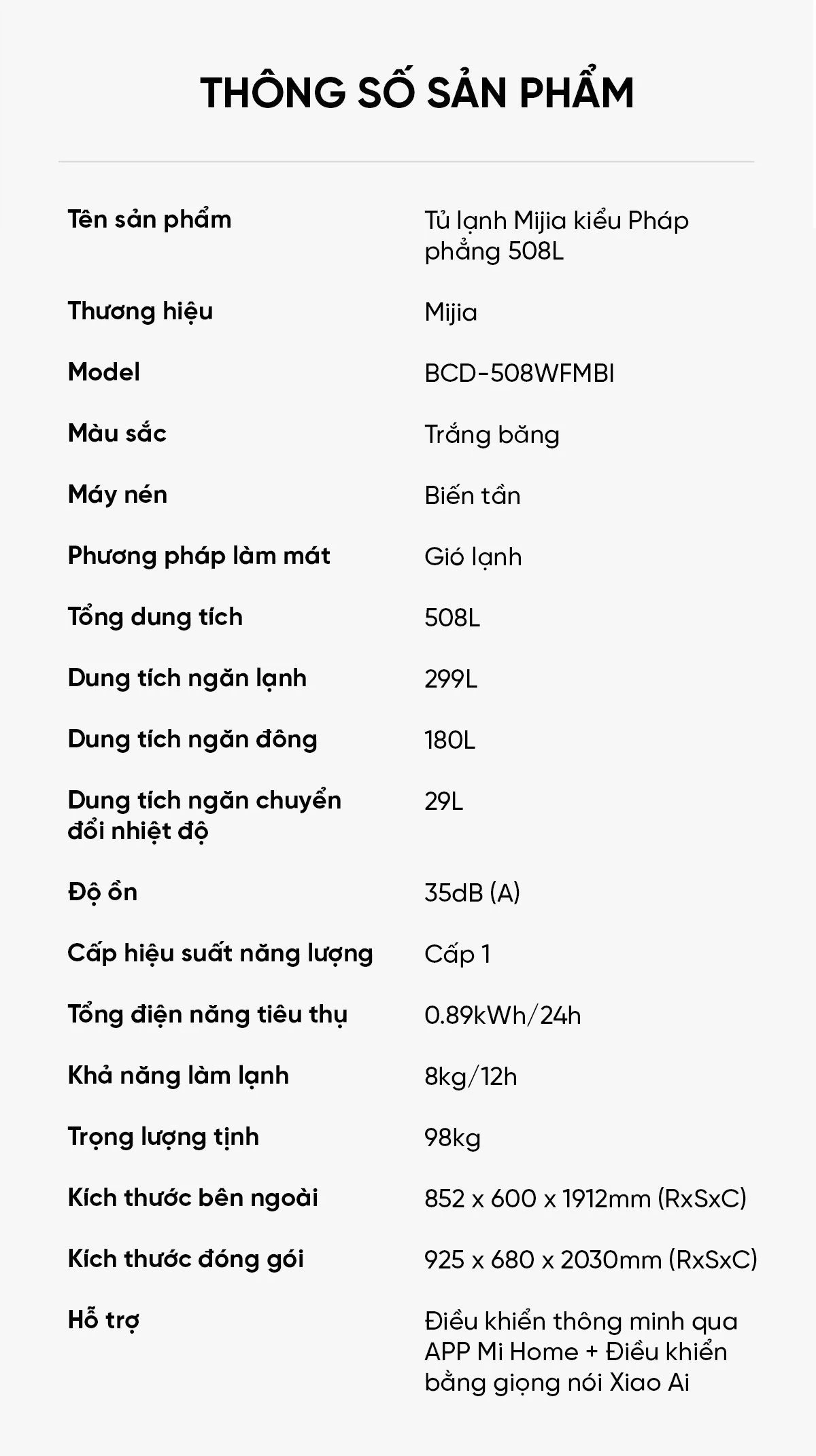 Tủ lạnh Xiaomi Mijia 508L kiểu Pháp Màu Trắng Model 2025