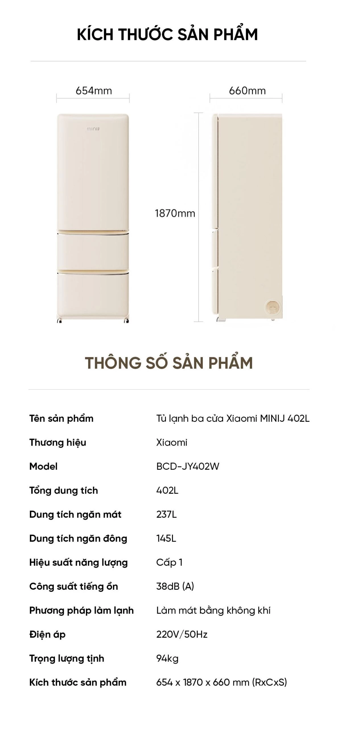 Tủ Lạnh Xiaomi MiniJ Retro 402L Kiểu Pháp, Có Ngăn Đông Mềm