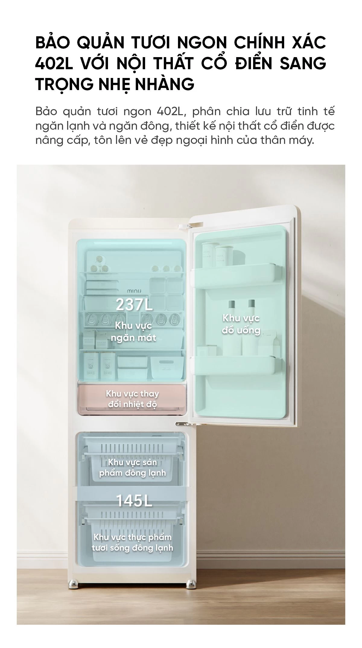 Tủ Lạnh Xiaomi MiniJ Retro 402L Kiểu Pháp, Có Ngăn Đông Mềm