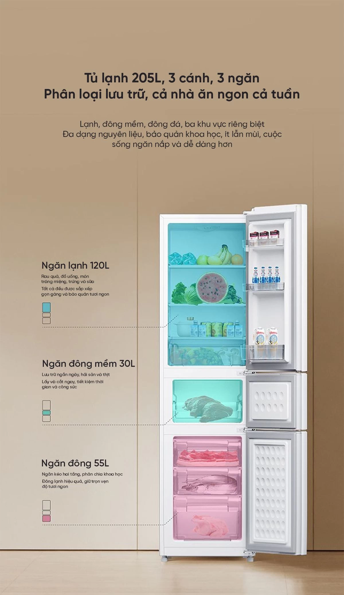 Tủ lạnh Xiaomi Mijia 205L, 3 cửa, pha lê trắng, có ngăn đông mềm