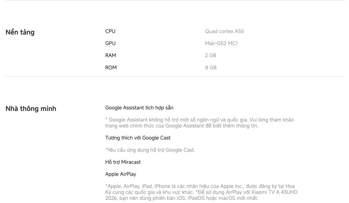 xiaomi-a-43-2026-21 Tivi Xiaomi A 43 Inch – 2026 Bản Quốc Tế – 4K/60Hz – 2GB/8GB