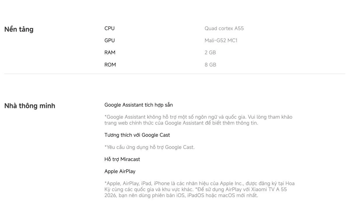 xiaomi-a-55-2026-22 Tivi Xiaomi A 55 Inch – 2026 Bản Quốc Tế – 4K/60Hz – 2GB/8GB