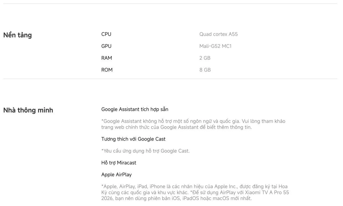 Tivi Xiaomi A Pro 55 Inch – 2026 Bản Quốc Tế – QLED 4K/60Hz – 2GB/8GB