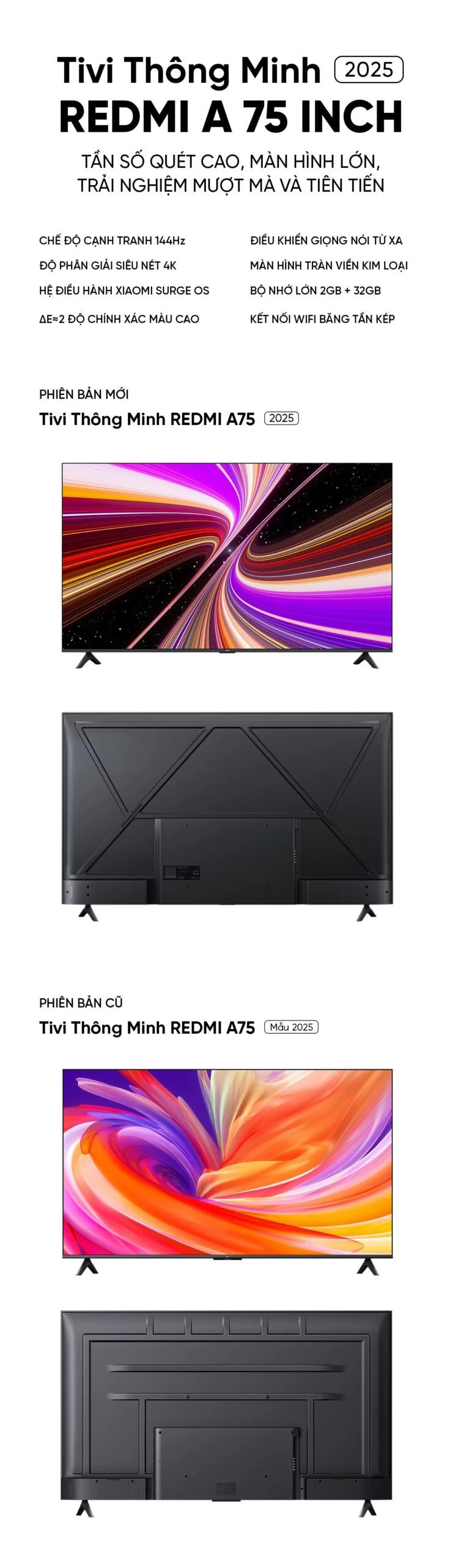 Tivi Xiaomi Redmi A75 2025 75 Inch 2/32GB 120Hz phiên bản tiết kiệm điện
