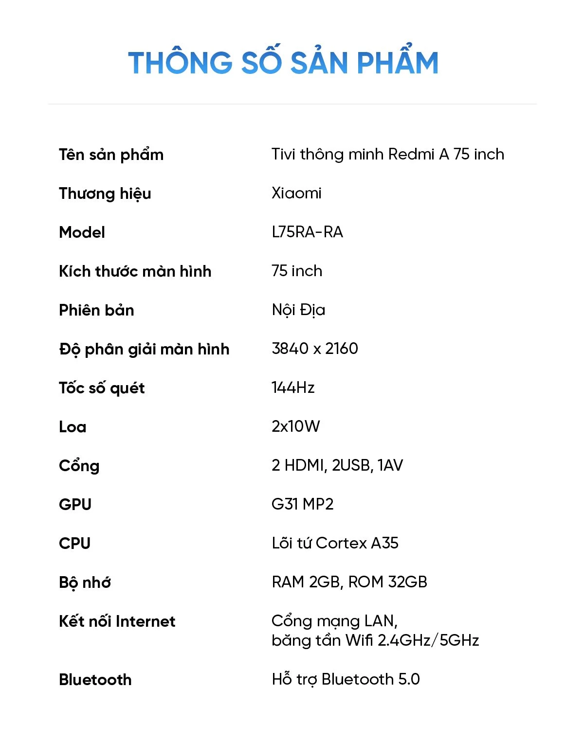 Tivi Xiaomi Redmi A75 2025 75 Inch 2/32GB 120Hz phiên bản tiết kiệm điện