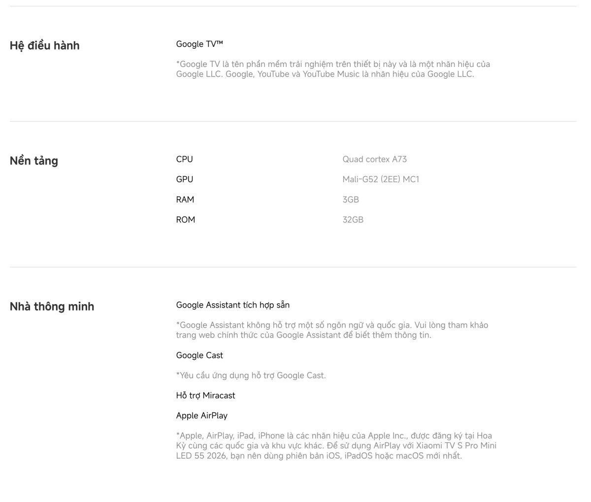 Tivi Xiaomi S Pro Mini LED 55 2026 – Bản Quốc Tế – 4K/144Hz – 3GB/32GB