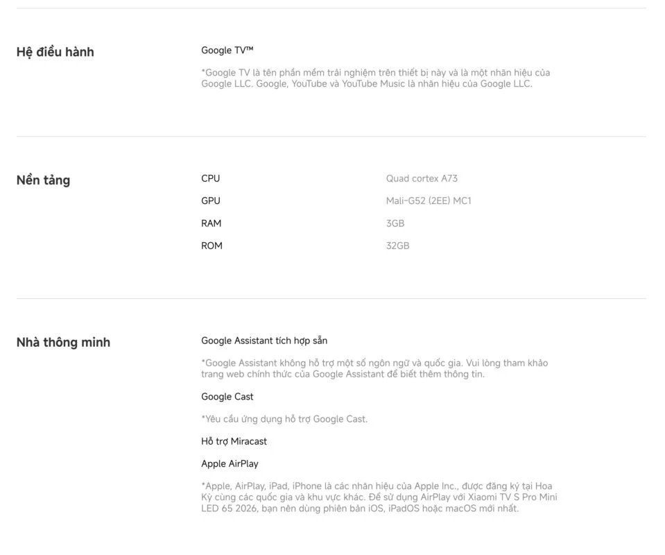Tivi Xiaomi S Pro Mini LED 65 2026 – Bản Quốc Tế – 4K/144Hz – 3GB/32GB