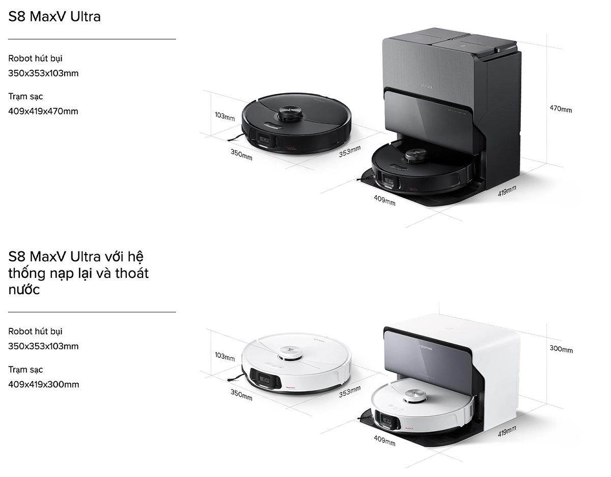 Kích thước Roborock S8 MaxV Ultra