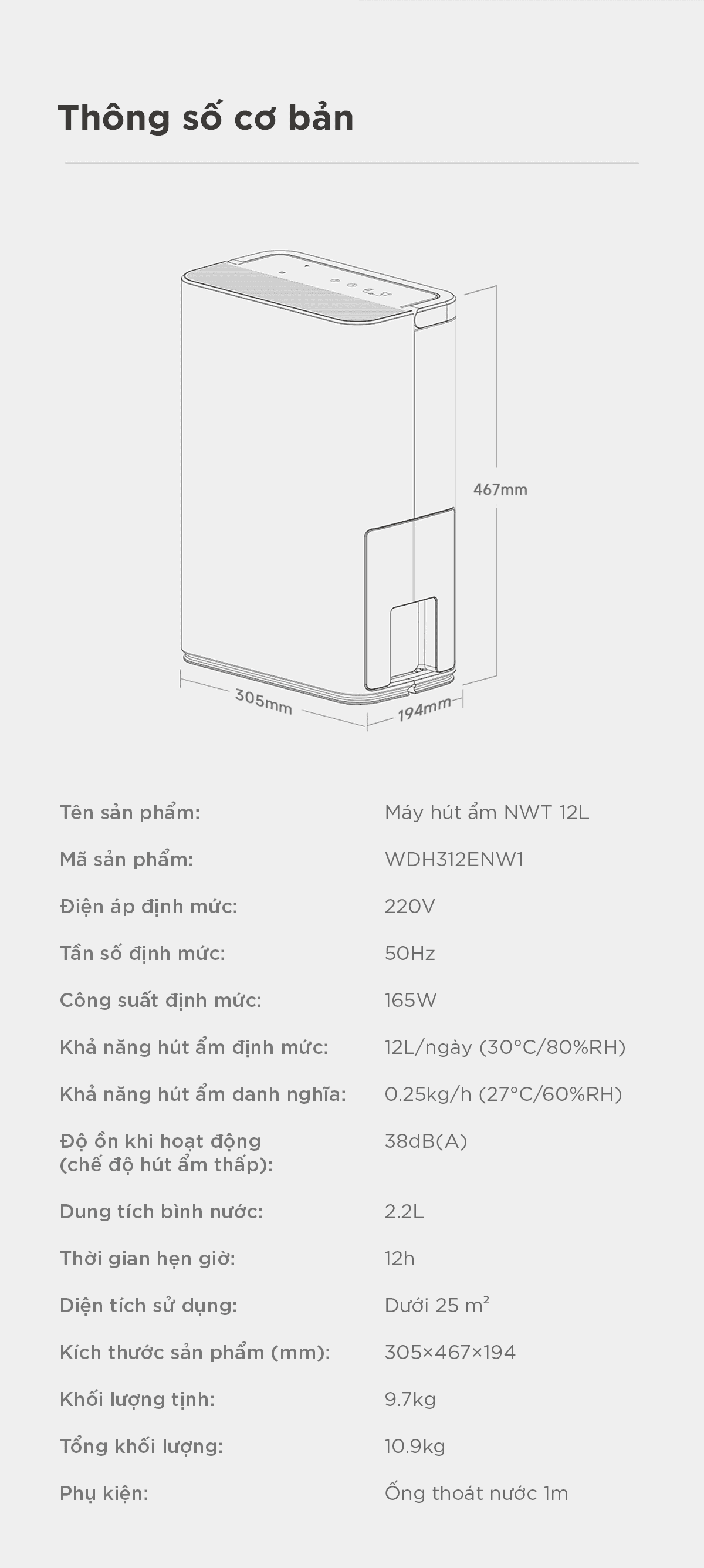 Máy Hút Ẩm Thông Minh Xiaomi NWT 12L Quốc Tế