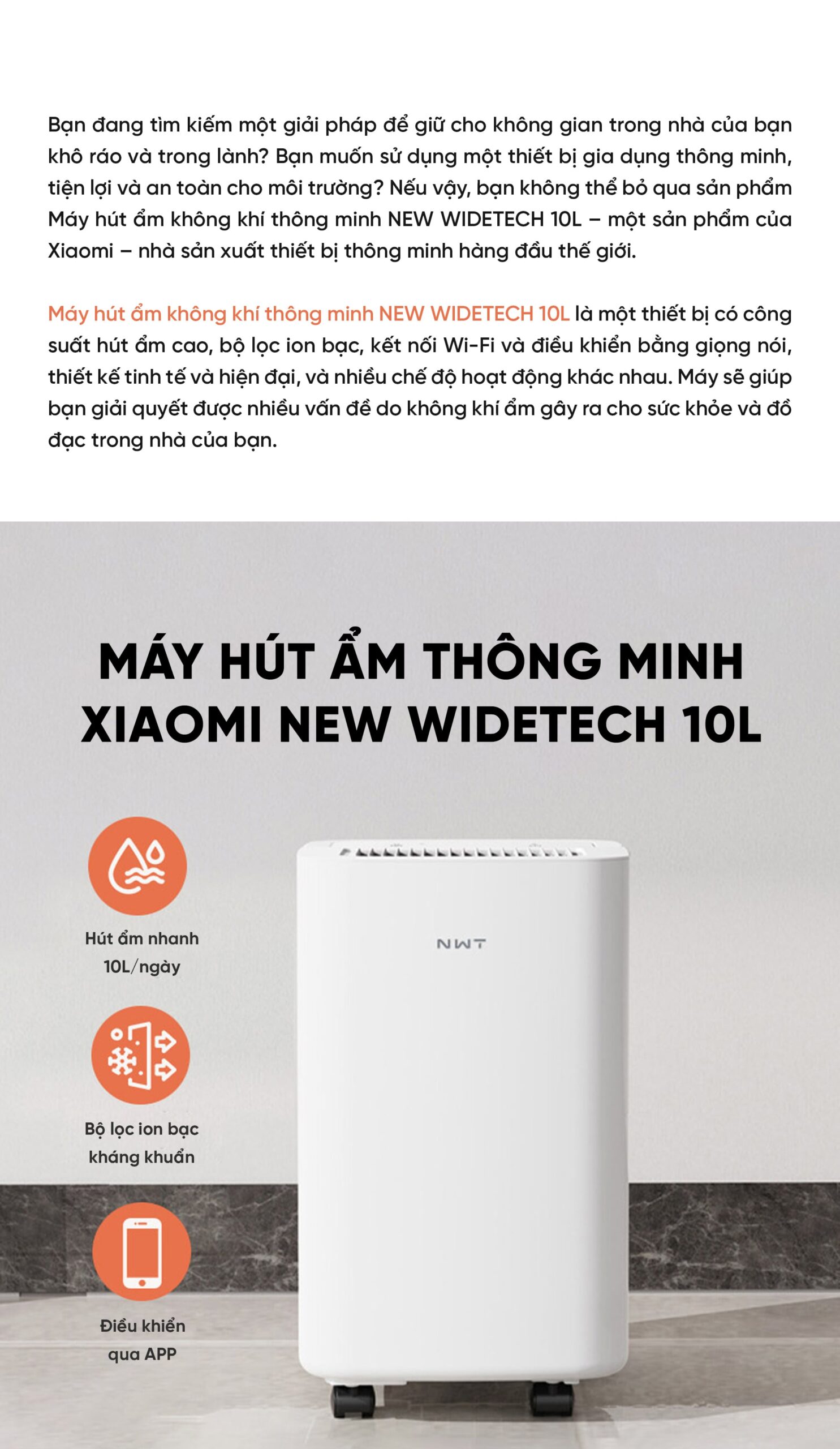 Máy Hút Ẩm Thông Minh Xiaomi NWT 10L Có Bánh Xe Kèm Lưới Lọc Kháng Khuẩn