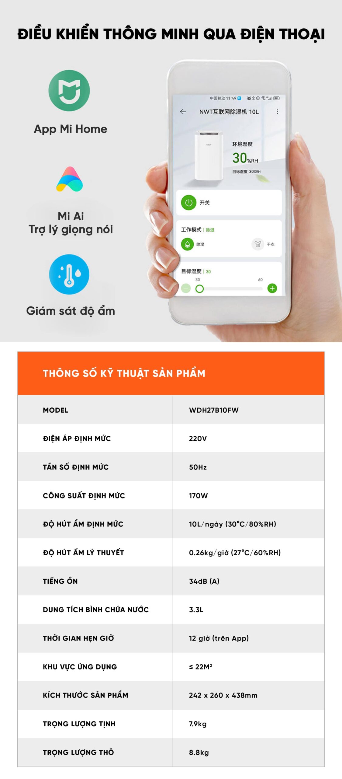 Máy Hút Ẩm Thông Minh Xiaomi NWT 10L Có Bánh Xe Kèm Lưới Lọc Kháng Khuẩn