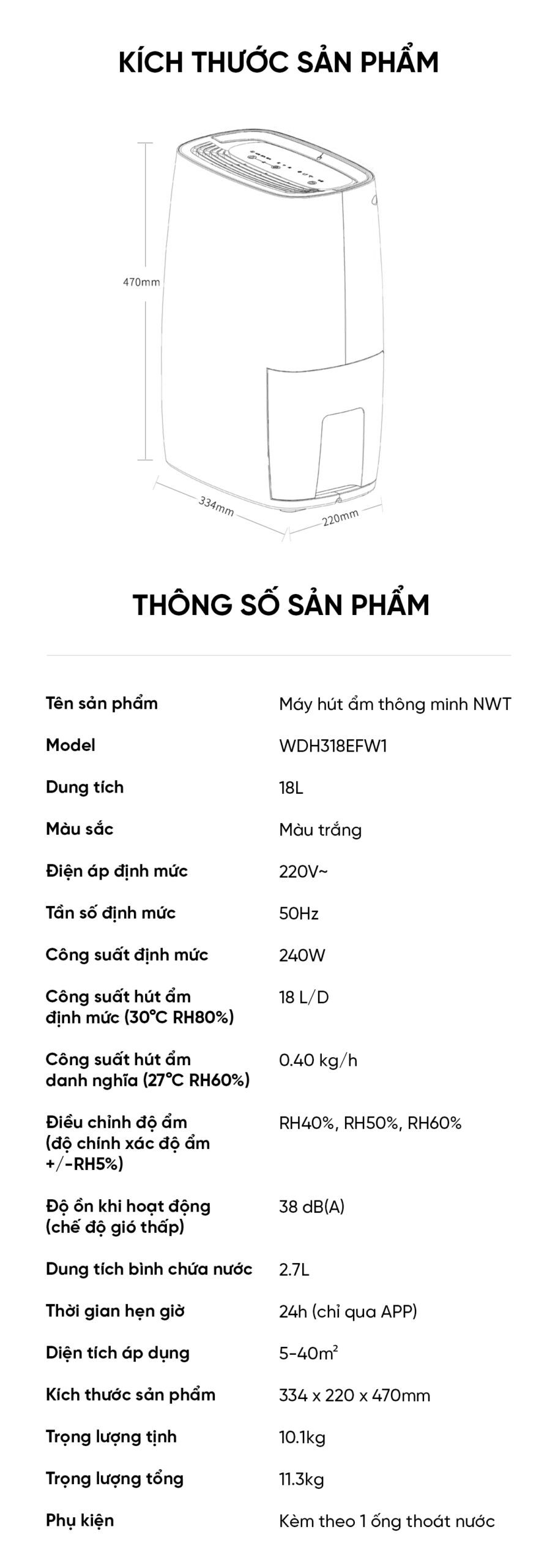 Máy Hút Ẩm Thông Minh Xiaomi NWT 18L Kèm Lưới Lọc Kháng Khuẩn