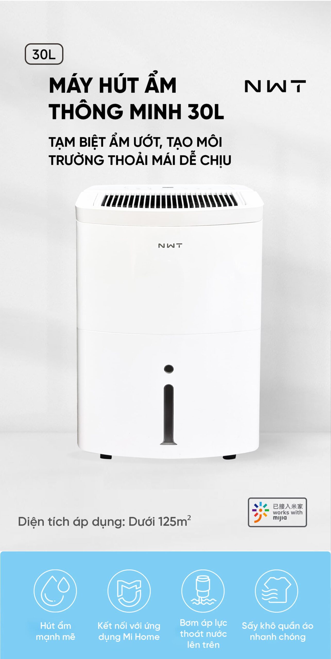 Máy Hút Ẩm Thông Minh Xiaomi NWT 30L Kèm Lưới Lọc Kháng Khuẩn