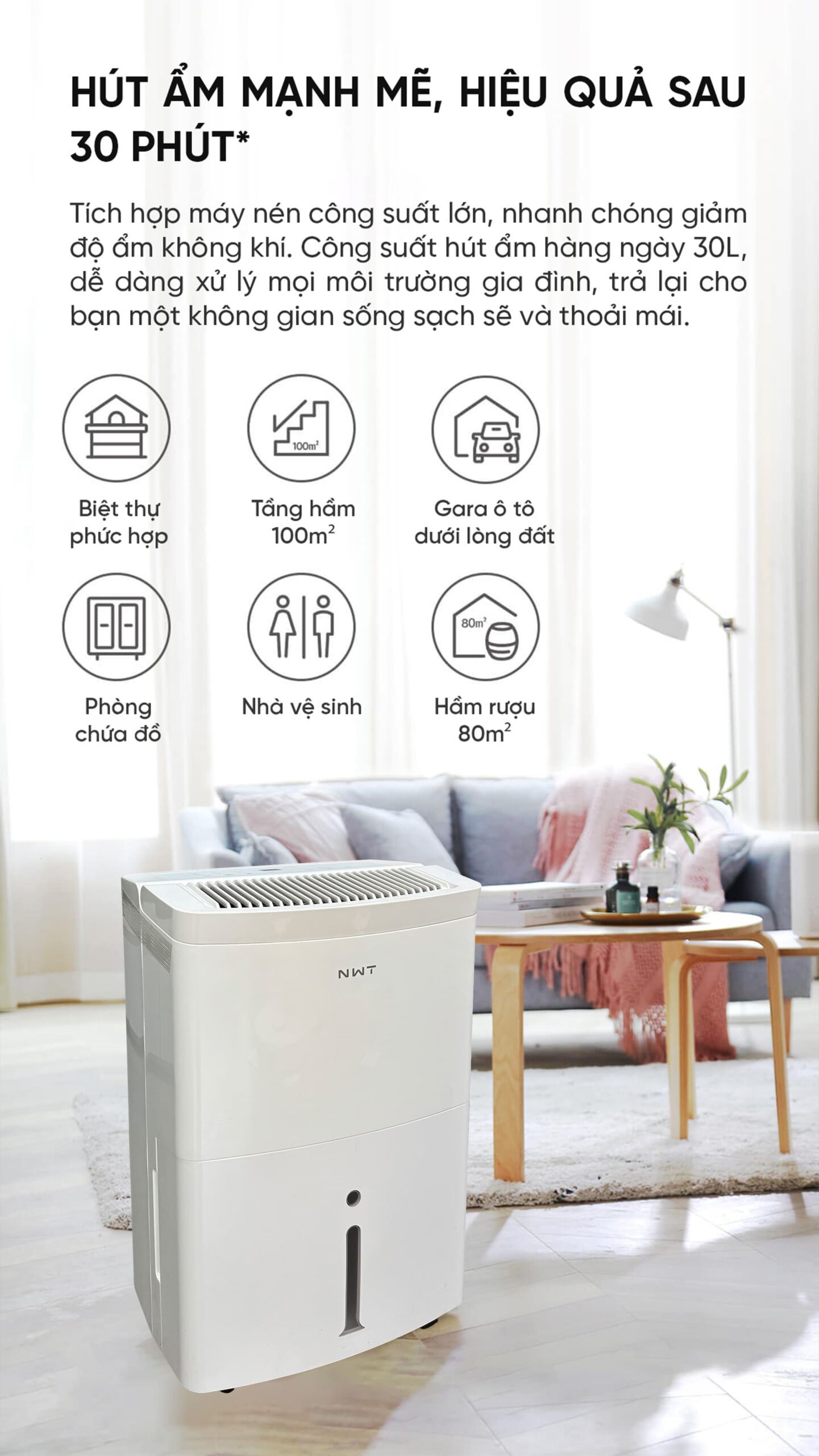 Máy Hút Ẩm Thông Minh Xiaomi NWT 30L Kèm Lưới Lọc Kháng Khuẩn