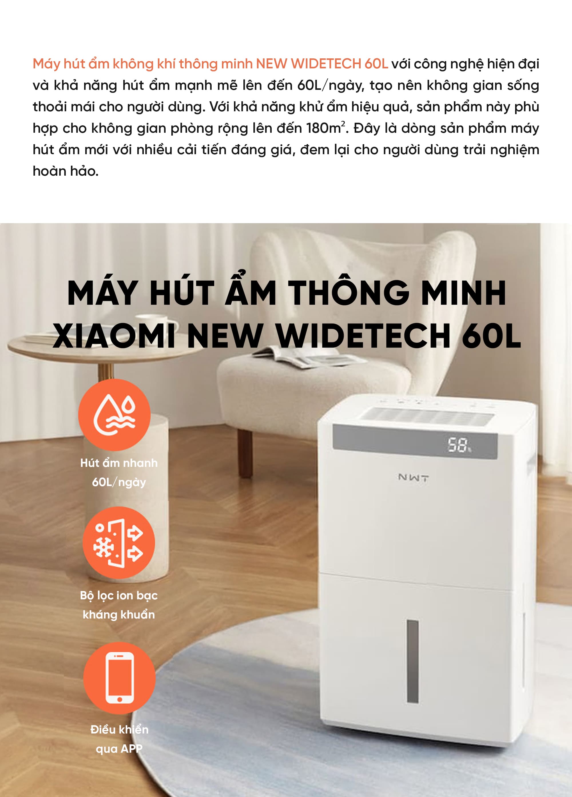 Máy Hút Ẩm Thông Minh Xiaomi NWT 60L Có Bánh Xe Kèm Lưới Lọc Kháng Khuẩn