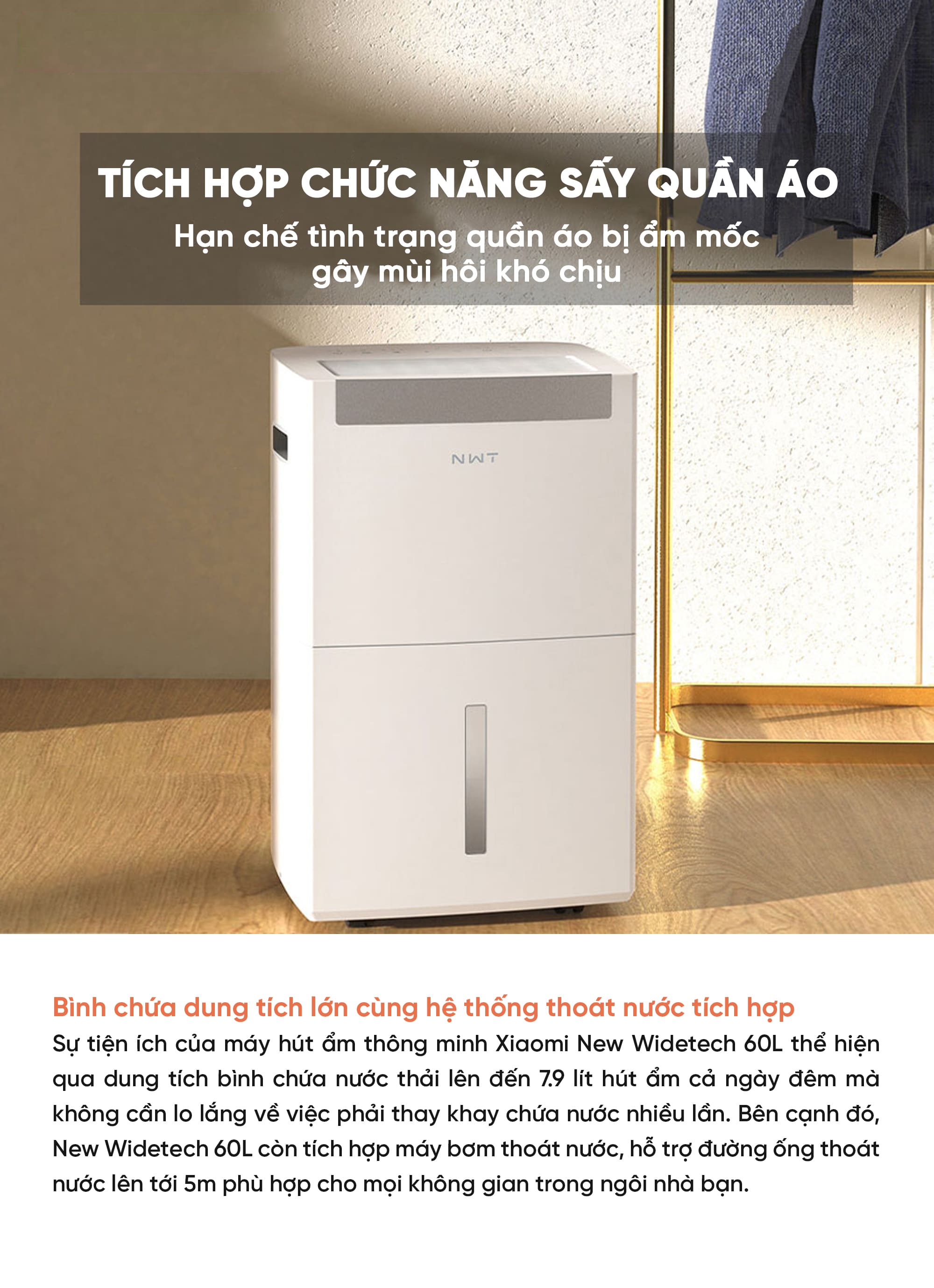 Máy Hút Ẩm Thông Minh Xiaomi NWT 60L Có Bánh Xe Kèm Lưới Lọc Kháng Khuẩn