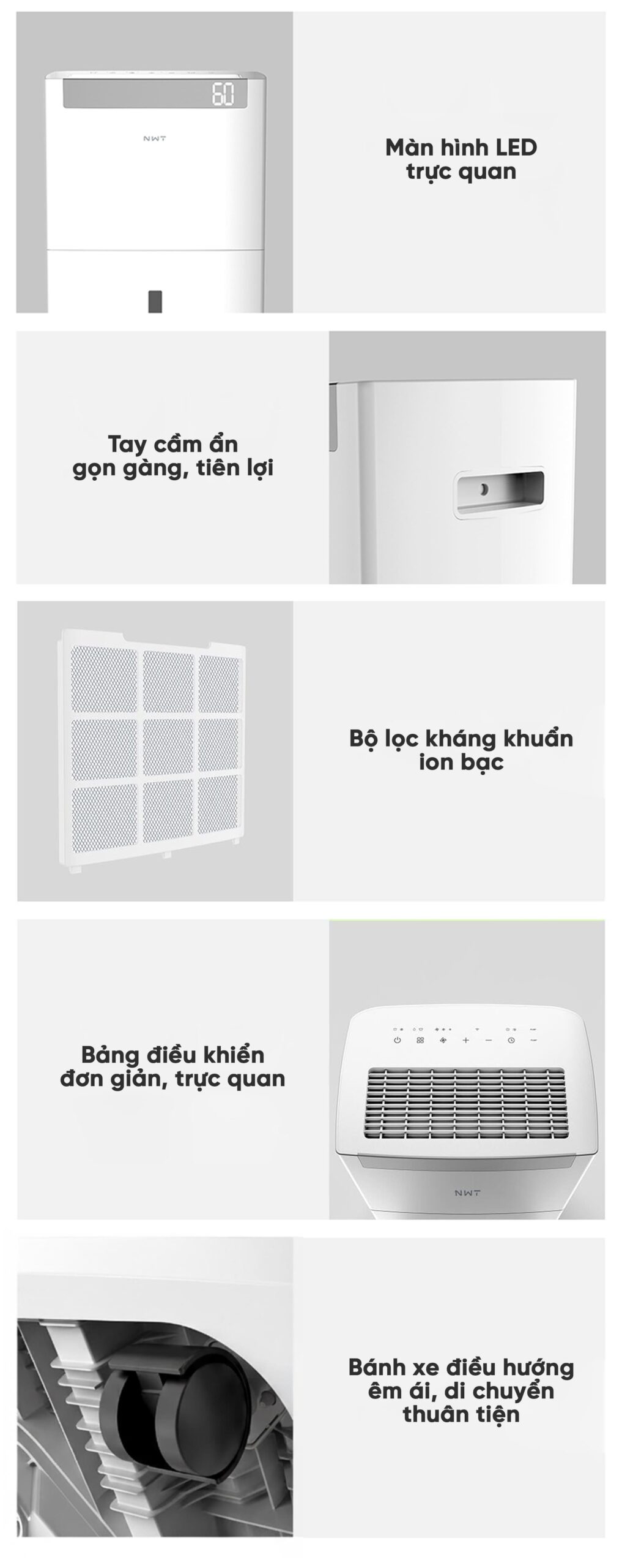 Máy Hút Ẩm Thông Minh Xiaomi NWT 60L Có Bánh Xe Kèm Lưới Lọc Kháng Khuẩn