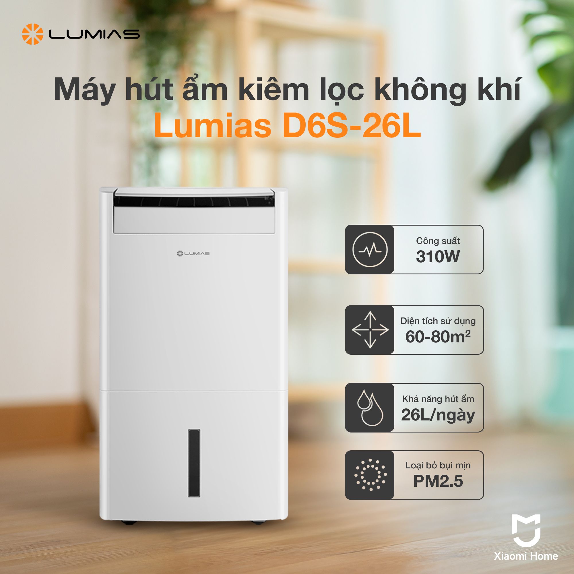 Máy hút ẩm kiêm lọc khí thông minh 26L Lumias D6S-26L - 90m²