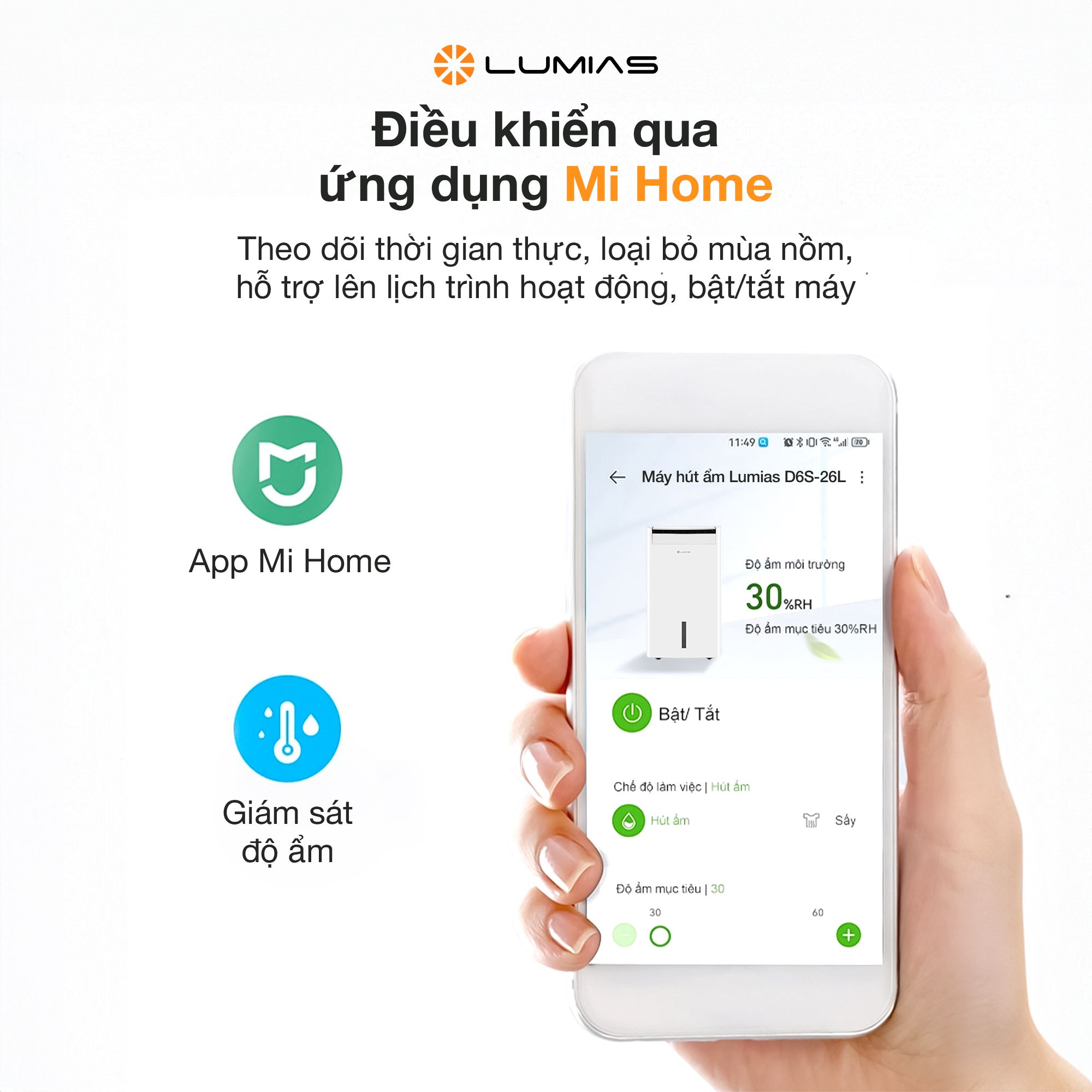 Máy hút ẩm kiêm lọc khí thông minh 26L Lumias D6S-26L - 90m²
