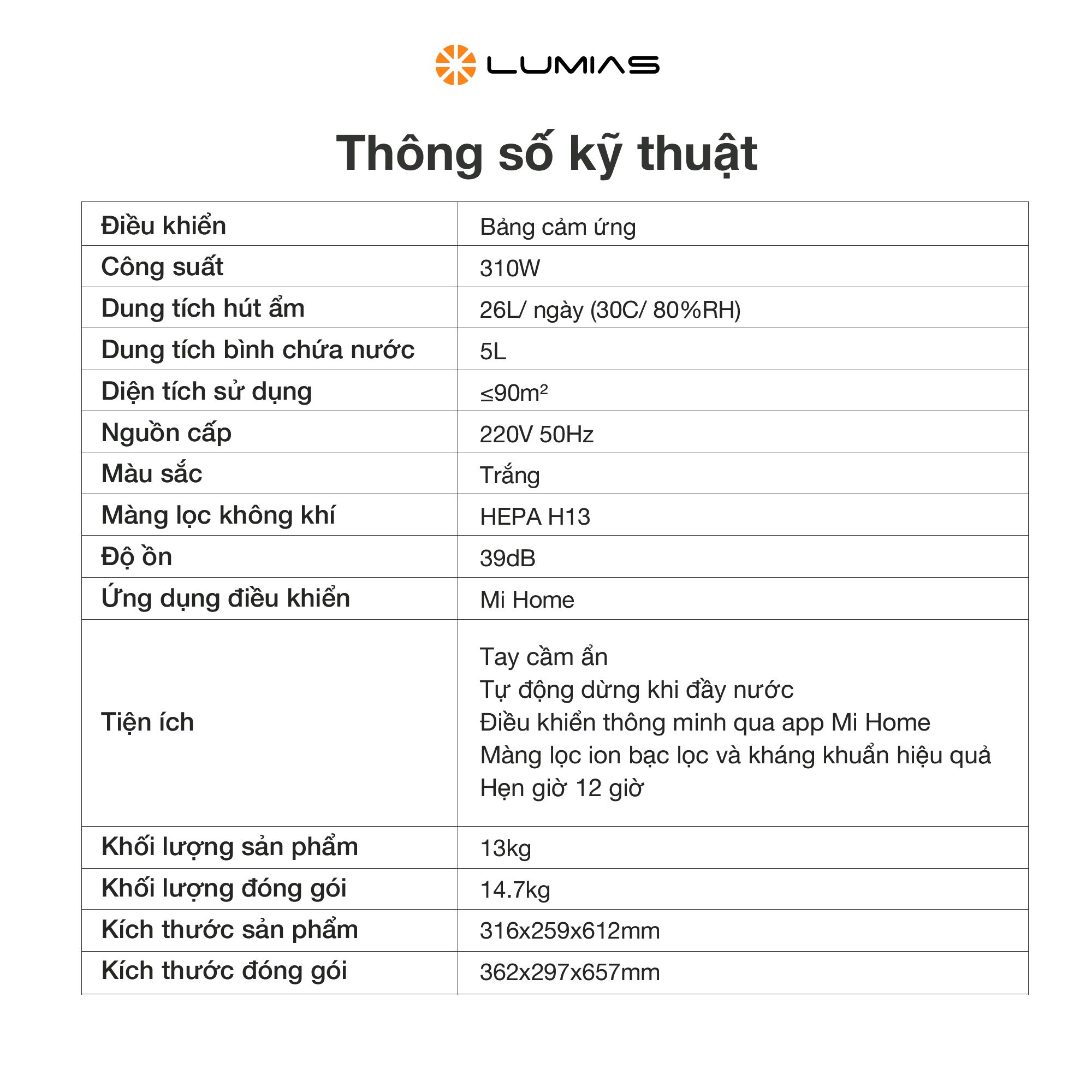 Máy hút ẩm kiêm lọc khí thông minh 26L Lumias D6S-26L - 90m²