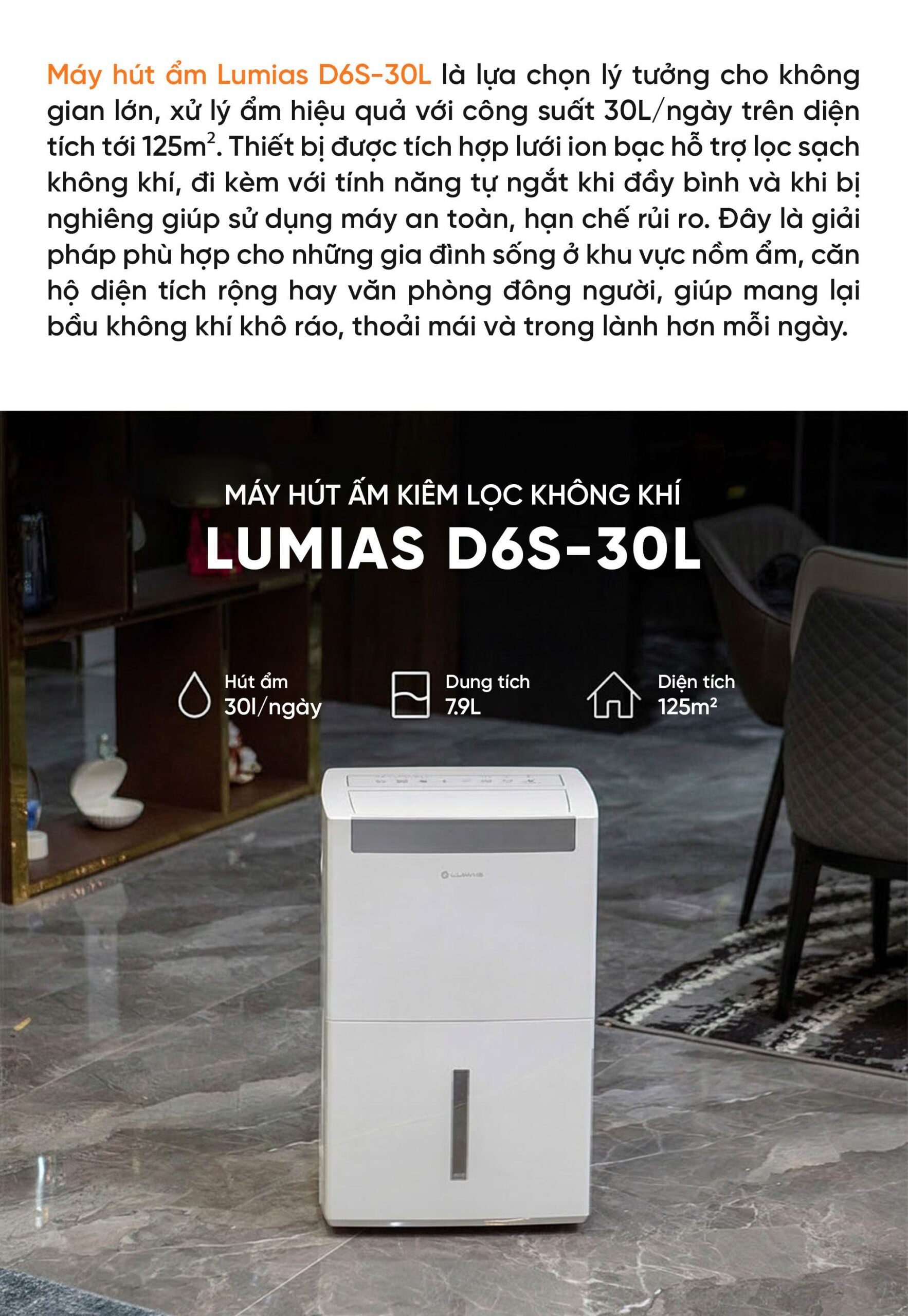 Máy hút ẩm kiêm lọc khí thông minh 30L Lumias D6S-30L (HEPA)