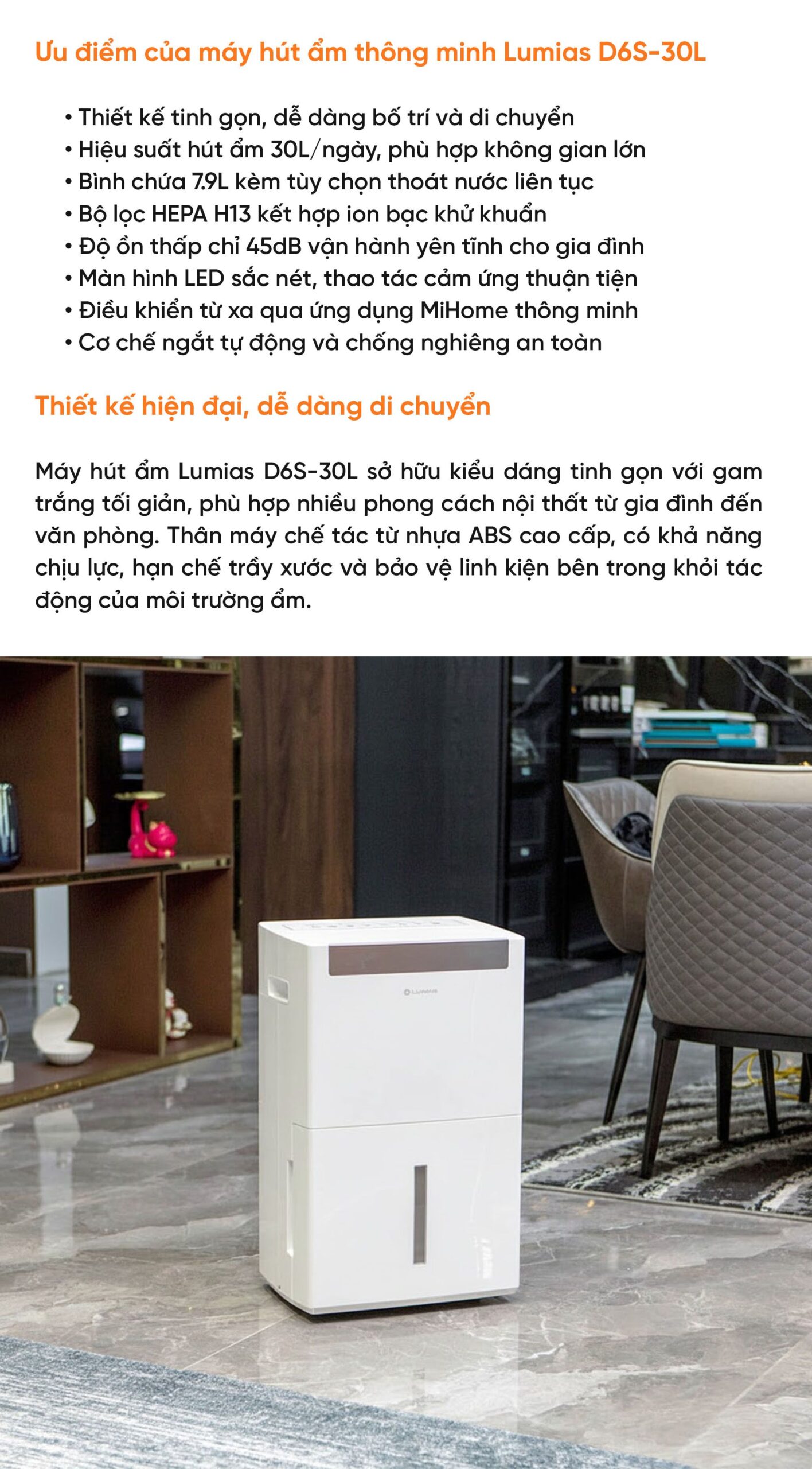 Máy hút ẩm kiêm lọc khí thông minh 30L Lumias D6S-30L (HEPA)