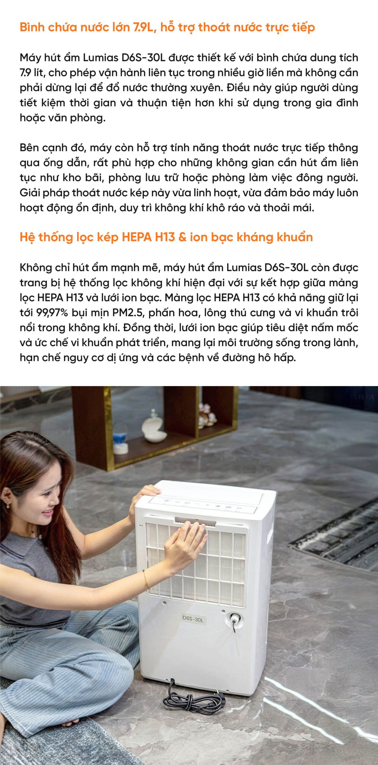 Máy hút ẩm kiêm lọc khí thông minh 30L Lumias D6S-30L (HEPA)