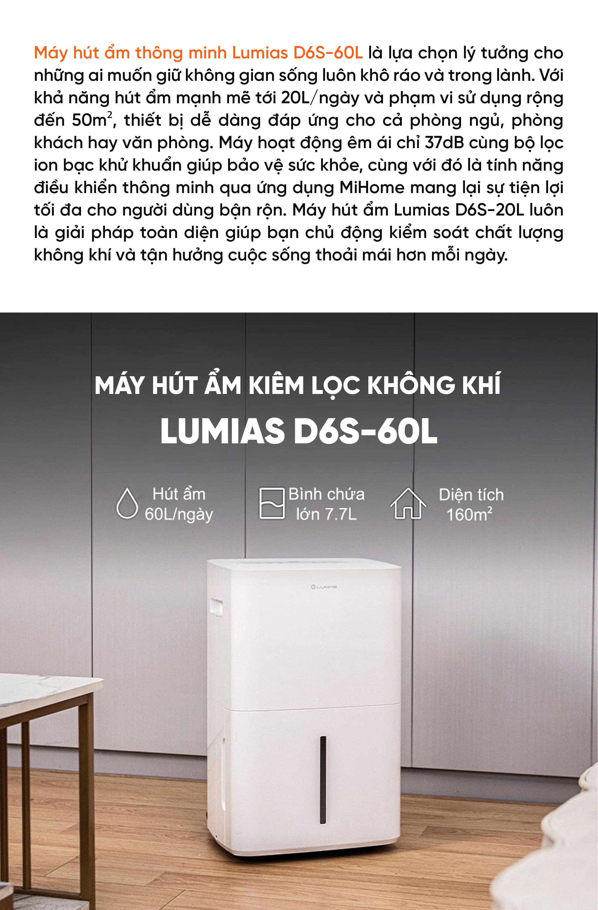 Máy hút ẩm kiêm lọc khí thông minh 60L Lumias D6S-60L (HEPA)