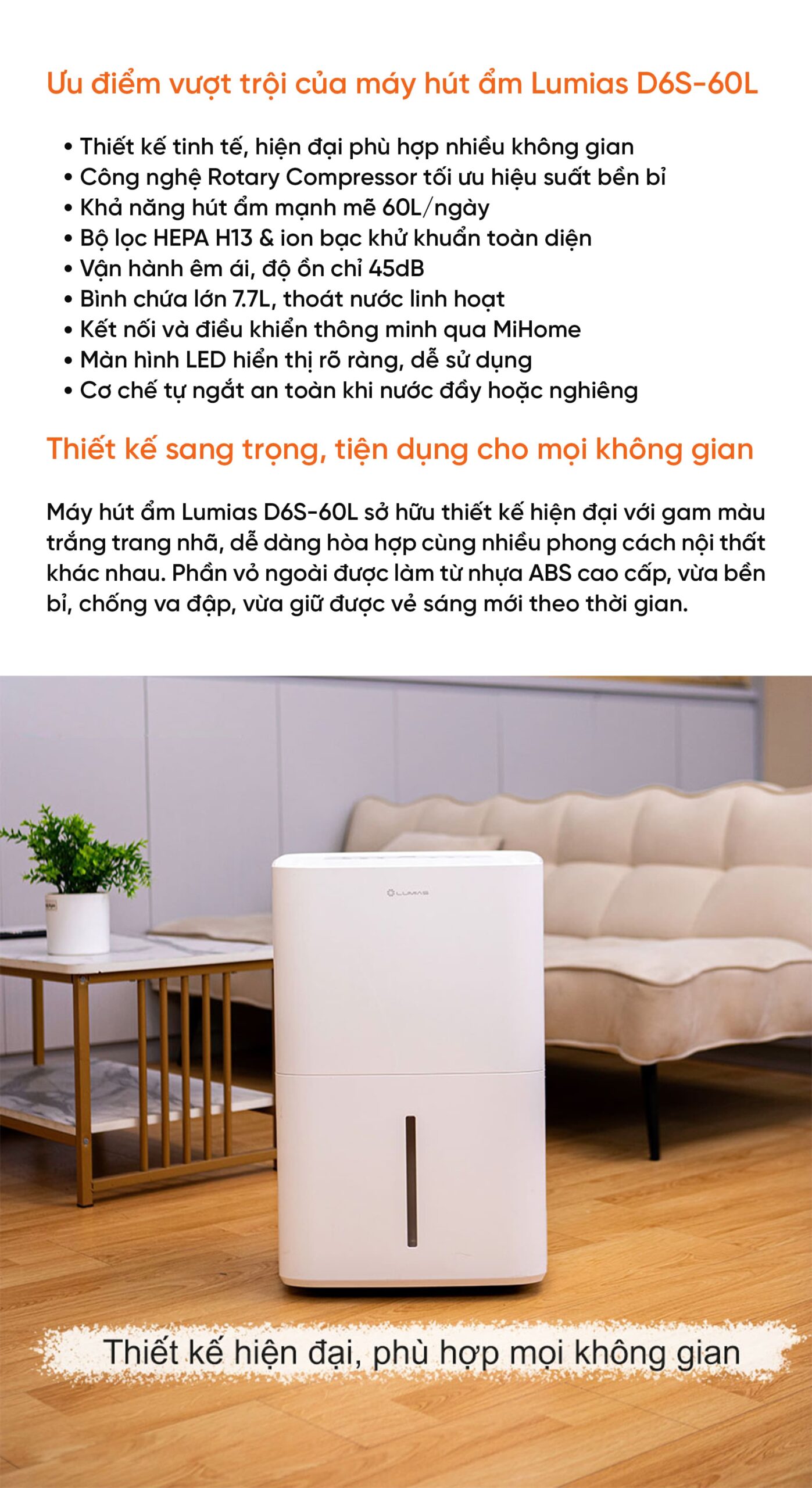 Máy hút ẩm kiêm lọc khí thông minh 60L Lumias D6S-60L (HEPA)