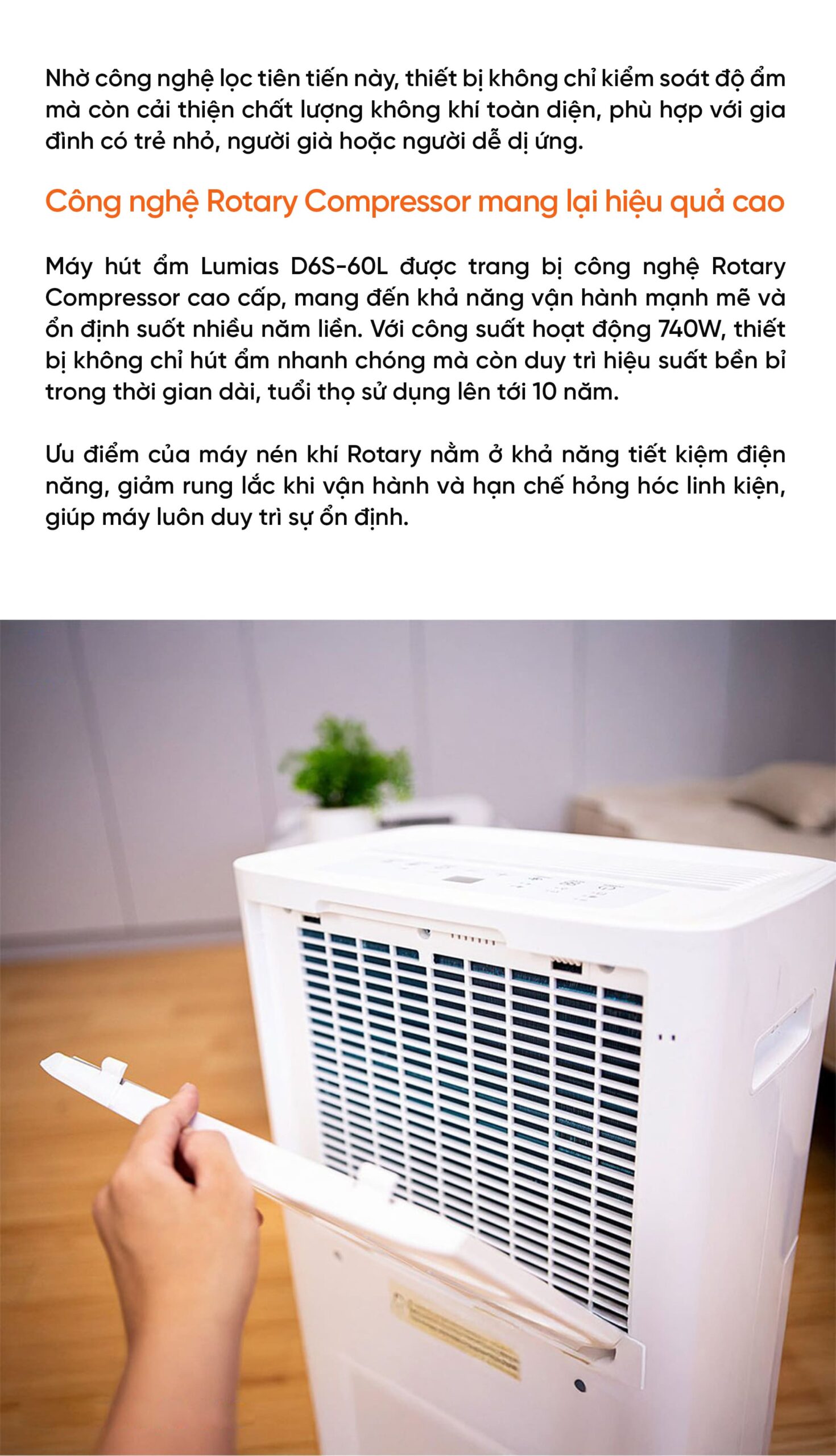 Máy hút ẩm kiêm lọc khí thông minh 60L Lumias D6S-60L (HEPA)