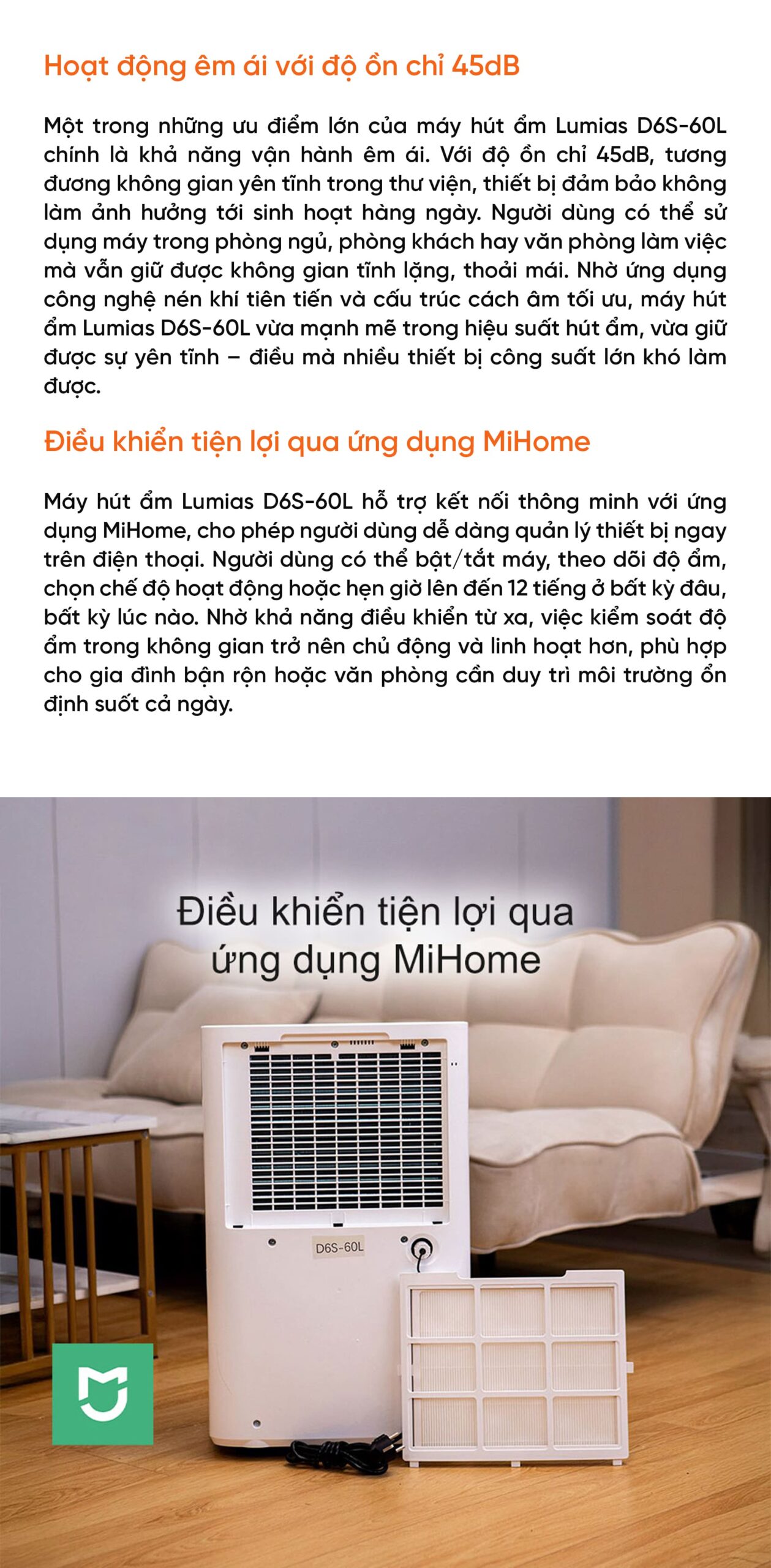 Máy hút ẩm kiêm lọc khí thông minh 60L Lumias D6S-60L (HEPA)