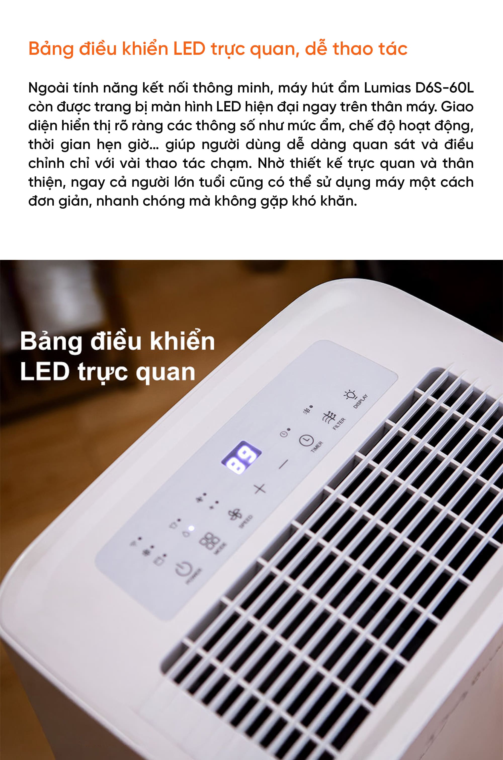 Máy hút ẩm kiêm lọc khí thông minh 60L Lumias D6S-60L (HEPA)