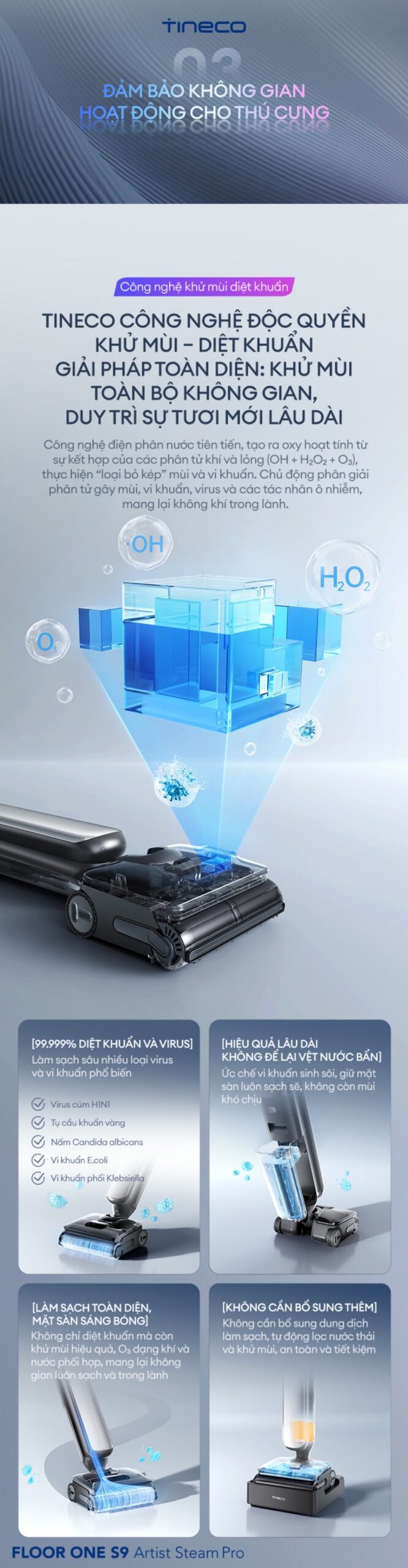 Tineco Floor One S9 Artist Steam Pro gập nghiêng 180°