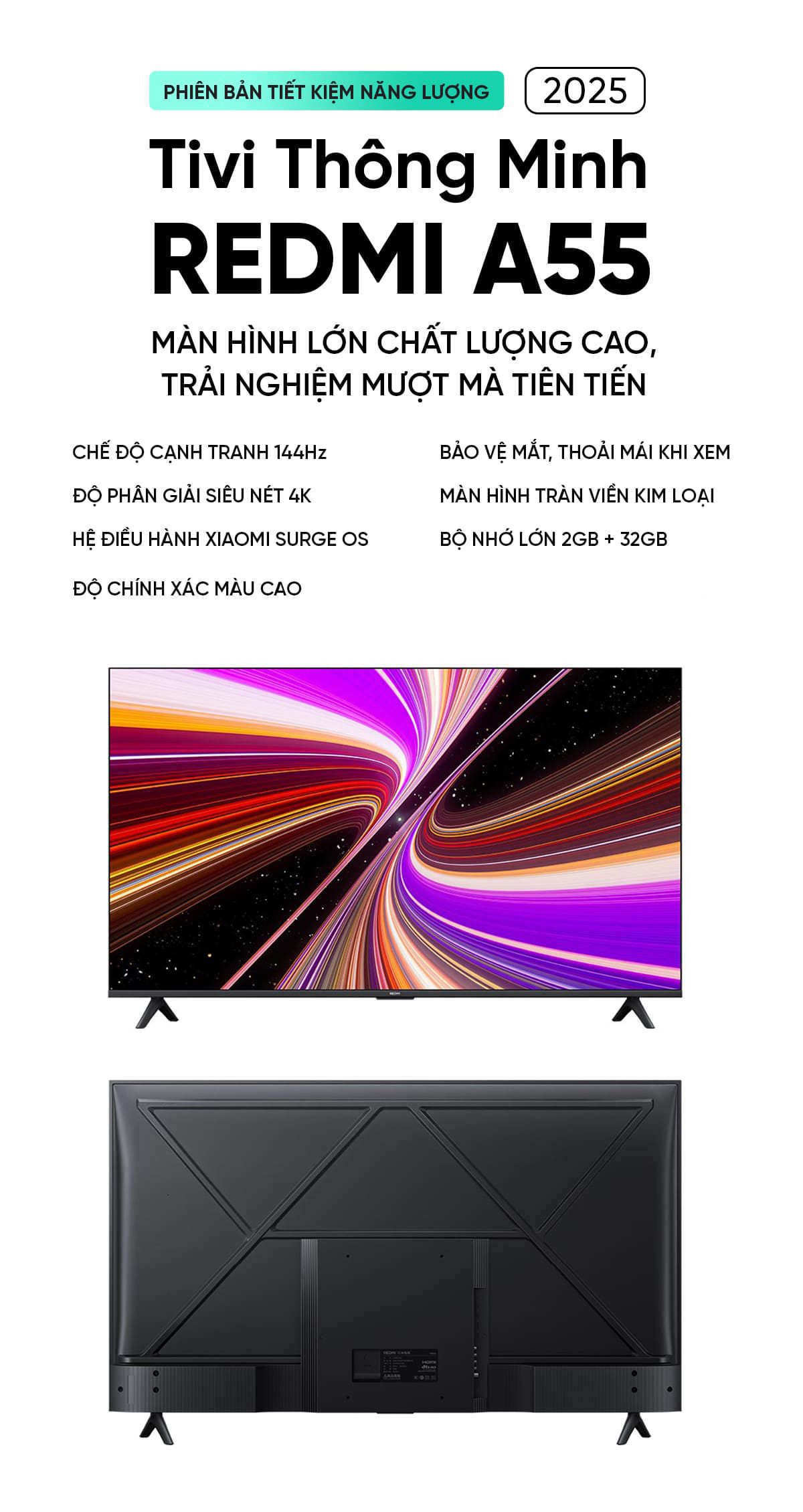 Tivi Xiaomi Redmi A 55 Inch Ram 2/32GB 144Hz 4K phiên bản nội địa