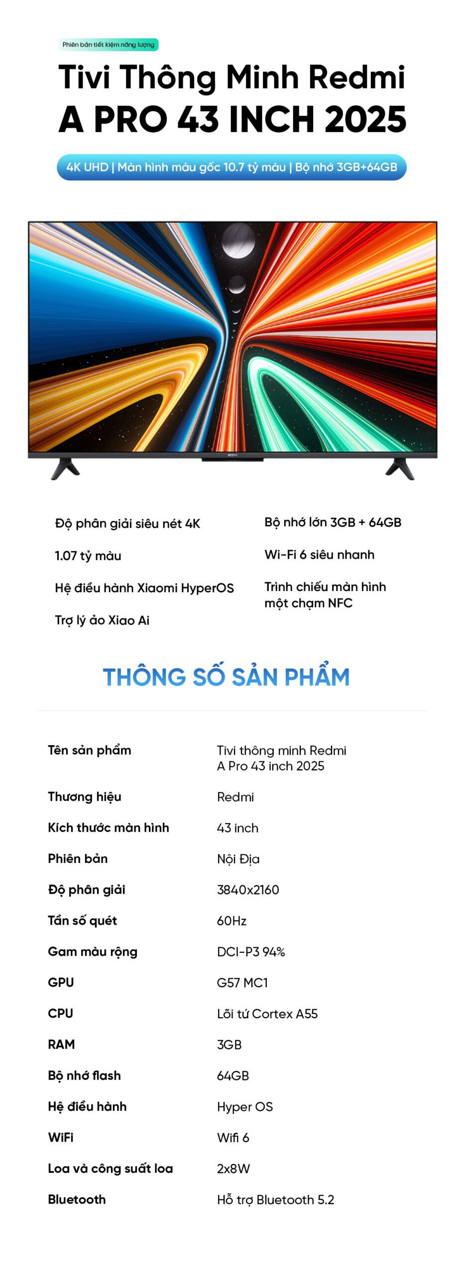 Tivi Xiaomi Redmi A Pro 43 Inch Ram 3/64GB Tiết Kiệm Điện