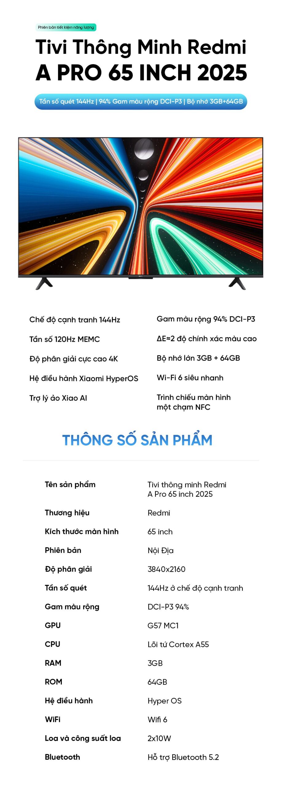 Tivi Xiaomi Redmi A Pro 65 Inch Ram 3/64GB 144Hz Tiết Kiệm Điện
