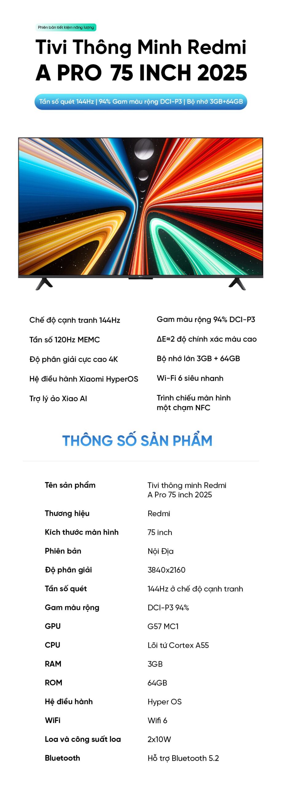 Tivi Xiaomi Redmi A Pro 75 Inch Ram 3/64GB 144Hz Tiết Kiệm Điện