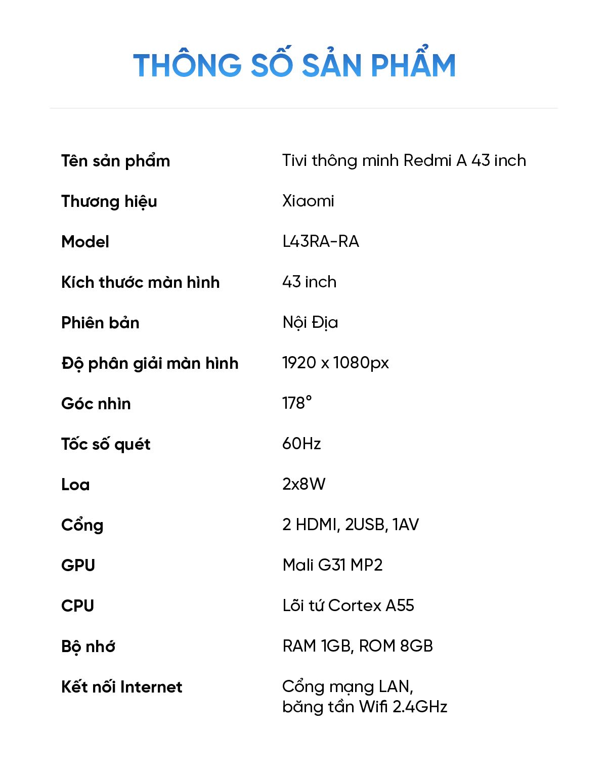 Tivi Xiaomi Redmi A43 - 43 Inch Nội Địa
