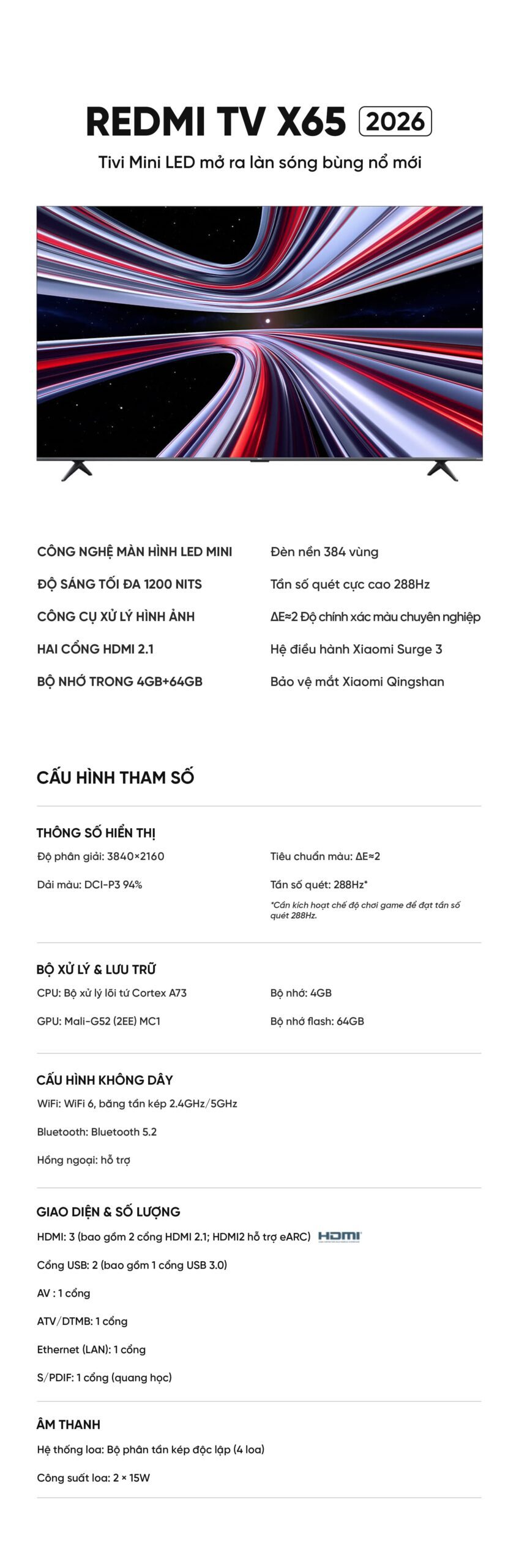 Tivi Xiaomi Redmi X65 Miniled Ram 4/64Gb 2026 độ sáng 1200nits 288Hz