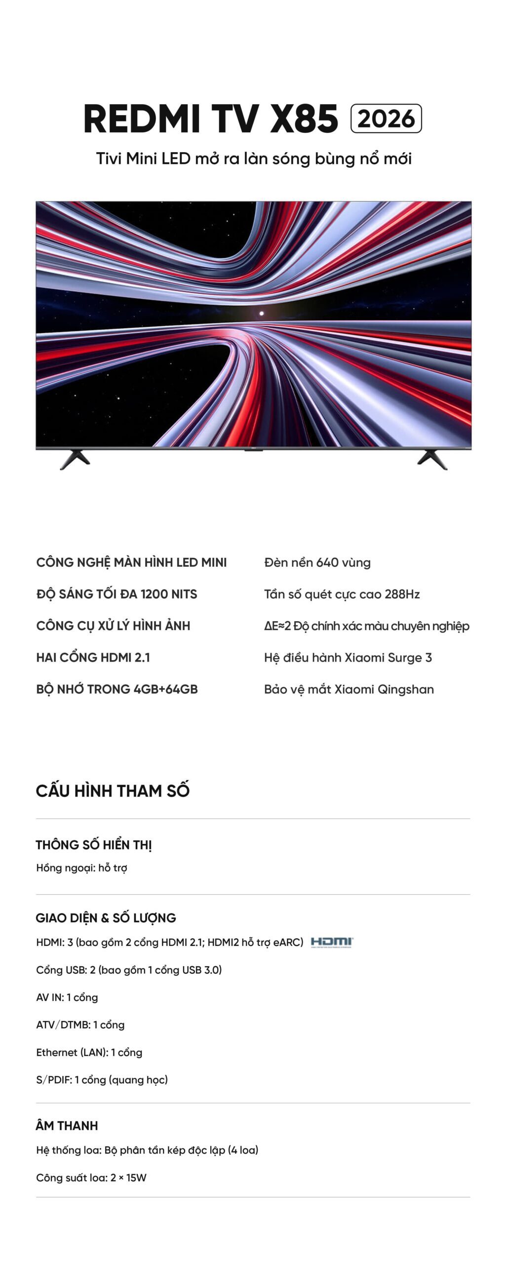 Tivi Xiaomi Redmi X85 Miniled Ram 4/64Gb 2026 1200nits