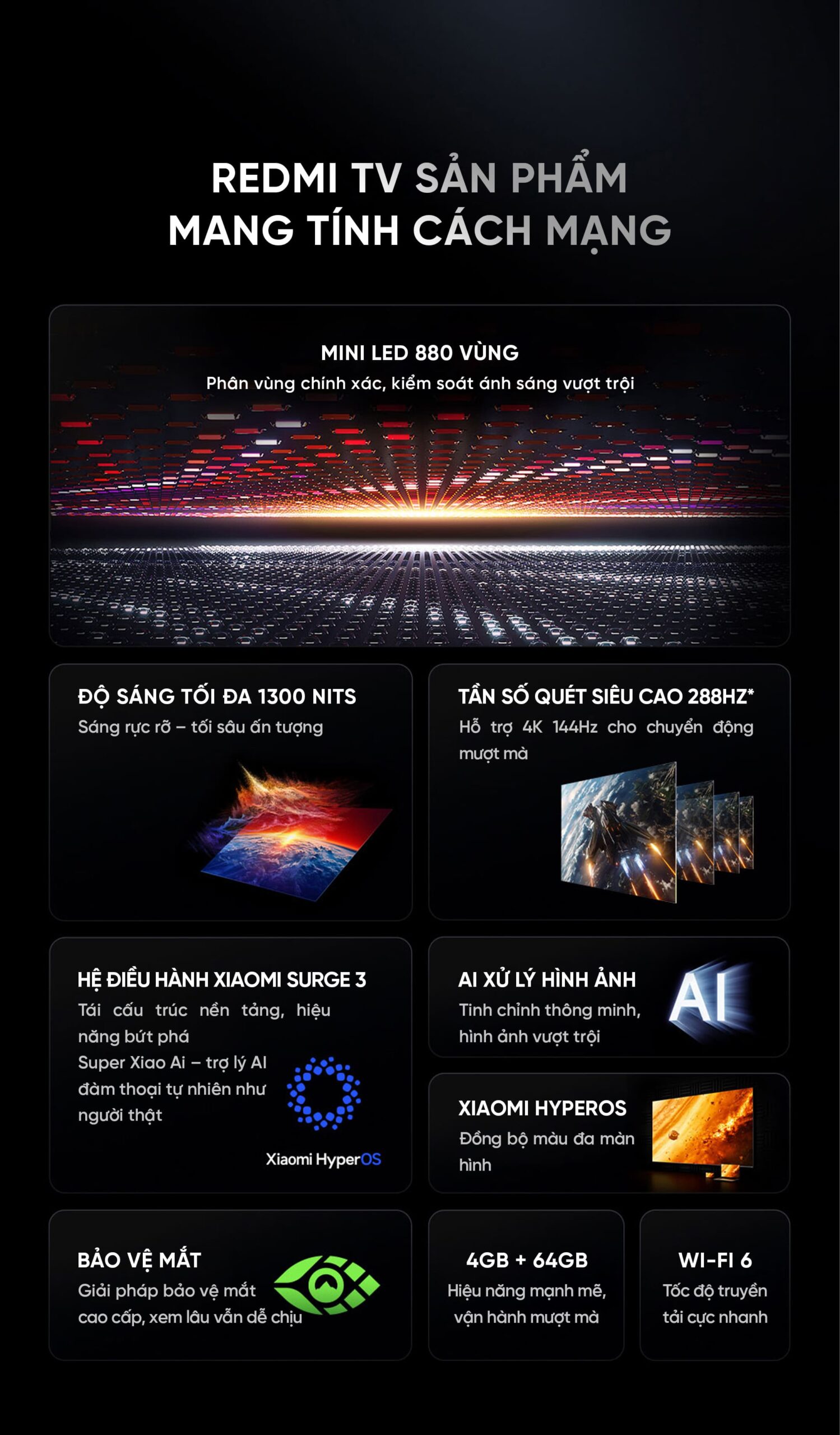 Tivi Xiaomi Redmi X98 Miniled Ram 4/64Gb 2026 độ sáng 1300nits 288Hz