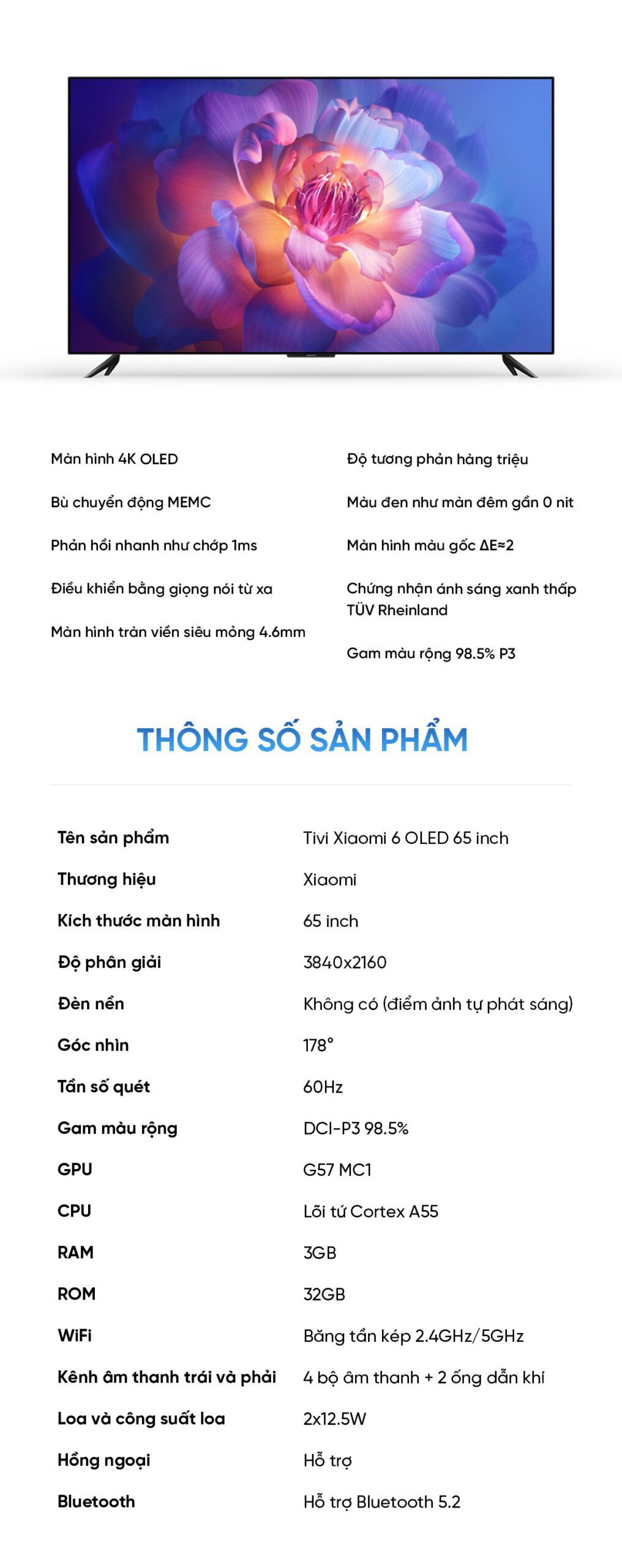 Tivi Xiaomi TV6 65 Inch Màn Hình Oled Công Nghệ Siêu Mỏng Ram 3/32GB