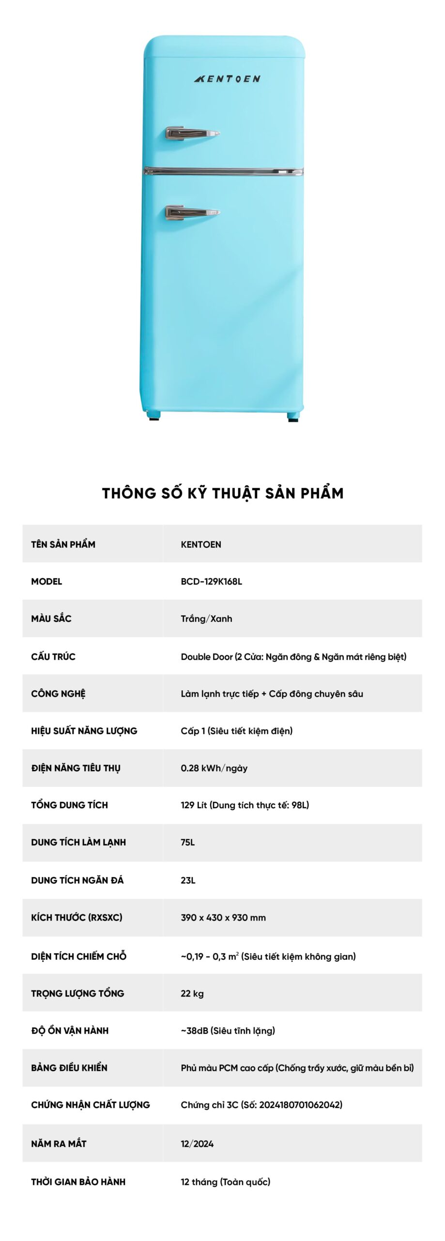 Tủ lạnh kentoen 98L màu xanh
