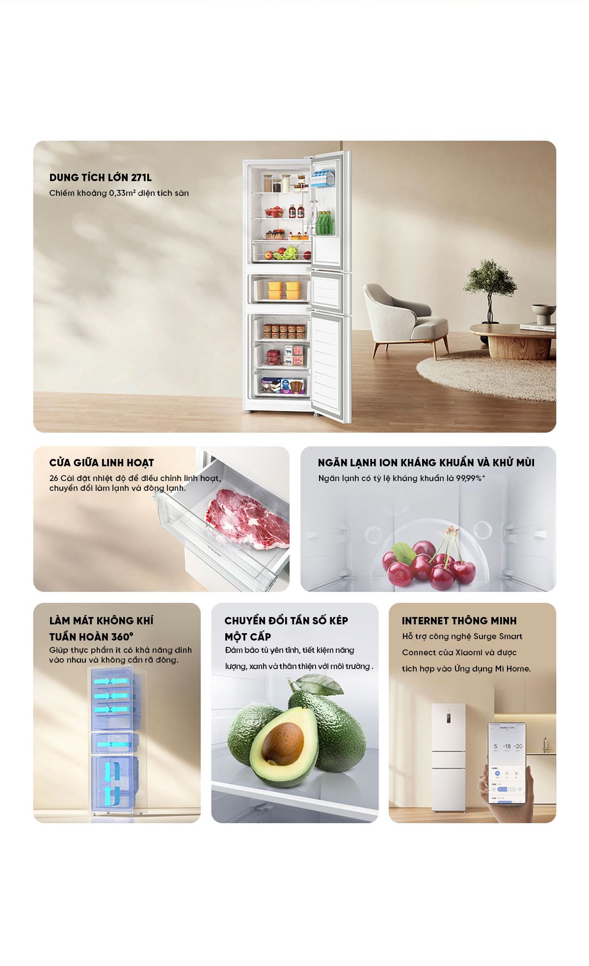 Tủ Lạnh Xiaomi Mija 3 Cánh 271L Model 2026 Có Ngăn Đông Mềm