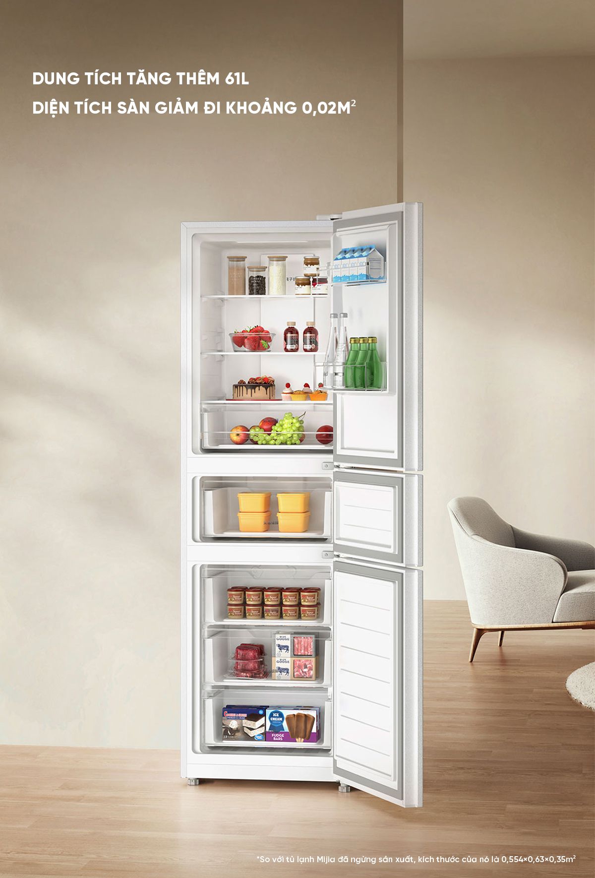 Tủ Lạnh Xiaomi Mija 3 Cánh 271L Model 2026 Có Ngăn Đông Mềm
