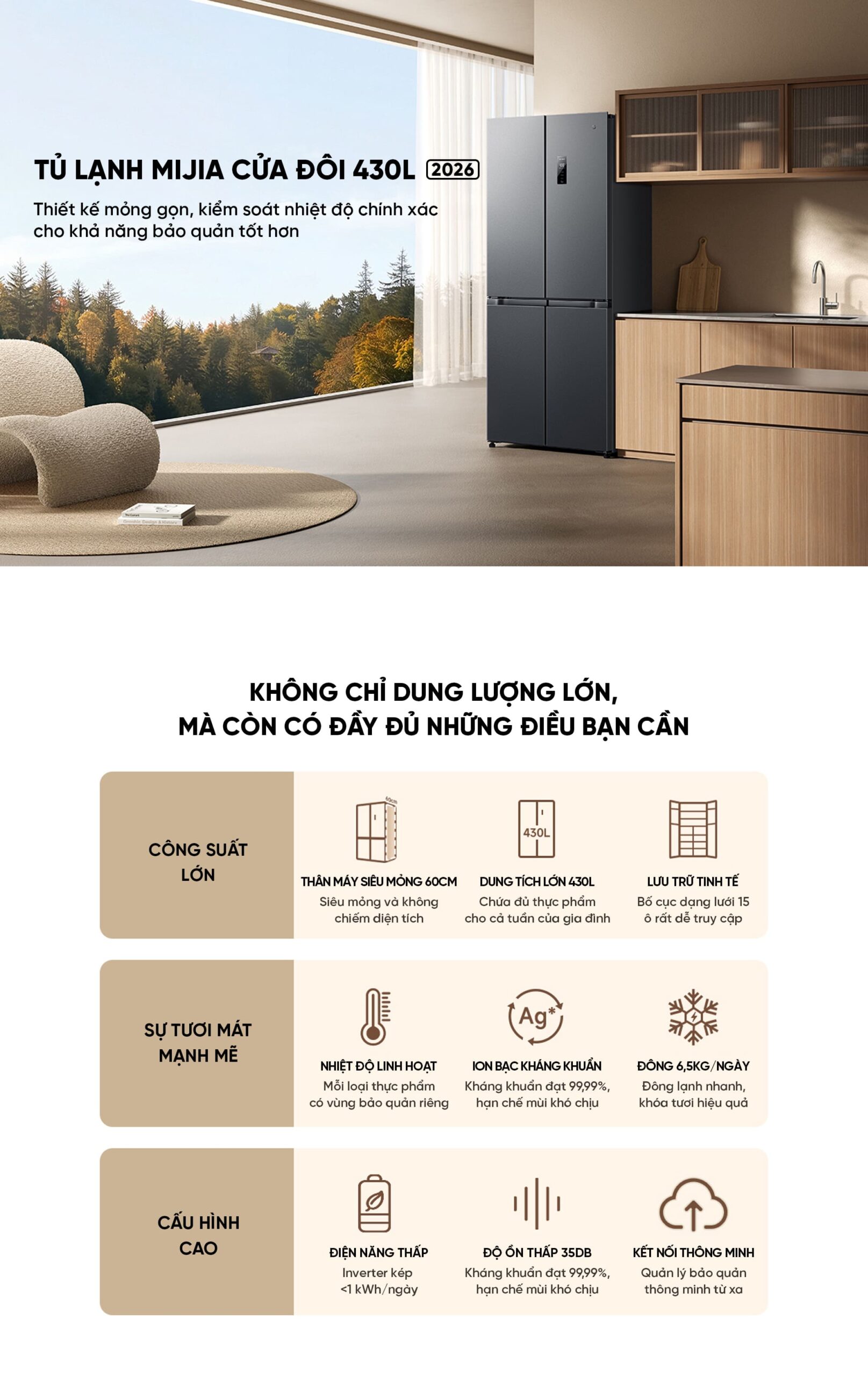 Tủ lạnh Xiaomi Mijia 430L 2026 4 cánh, Làm lạnh kép có ngăn đông mềm, siêu mỏng